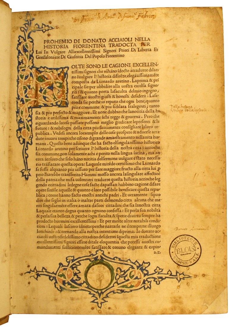 Brunus Aretinus, Historia Fiorentina, 1476