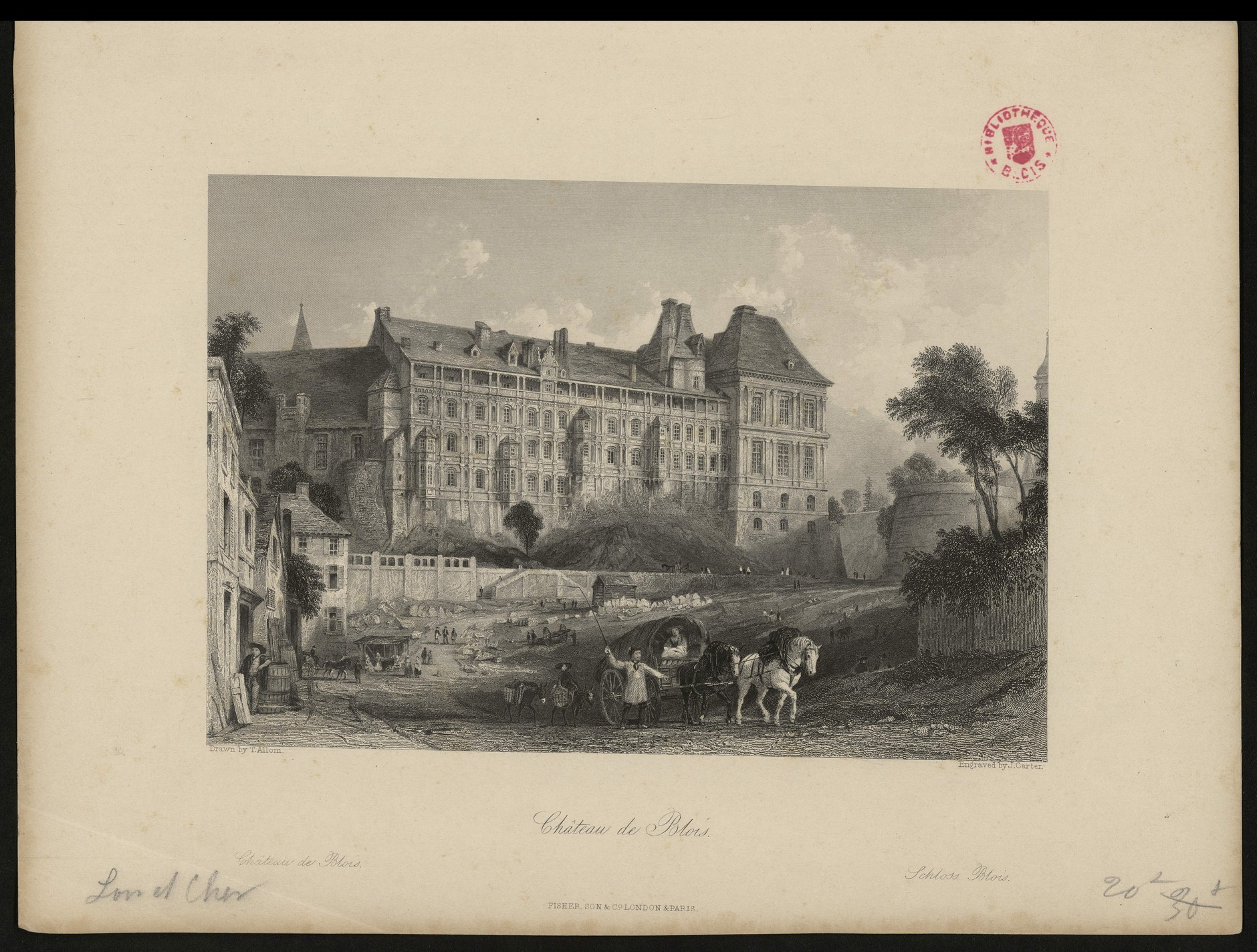 Thomas Allom, La façade des Loges du château de Blois, gravure vers 1840