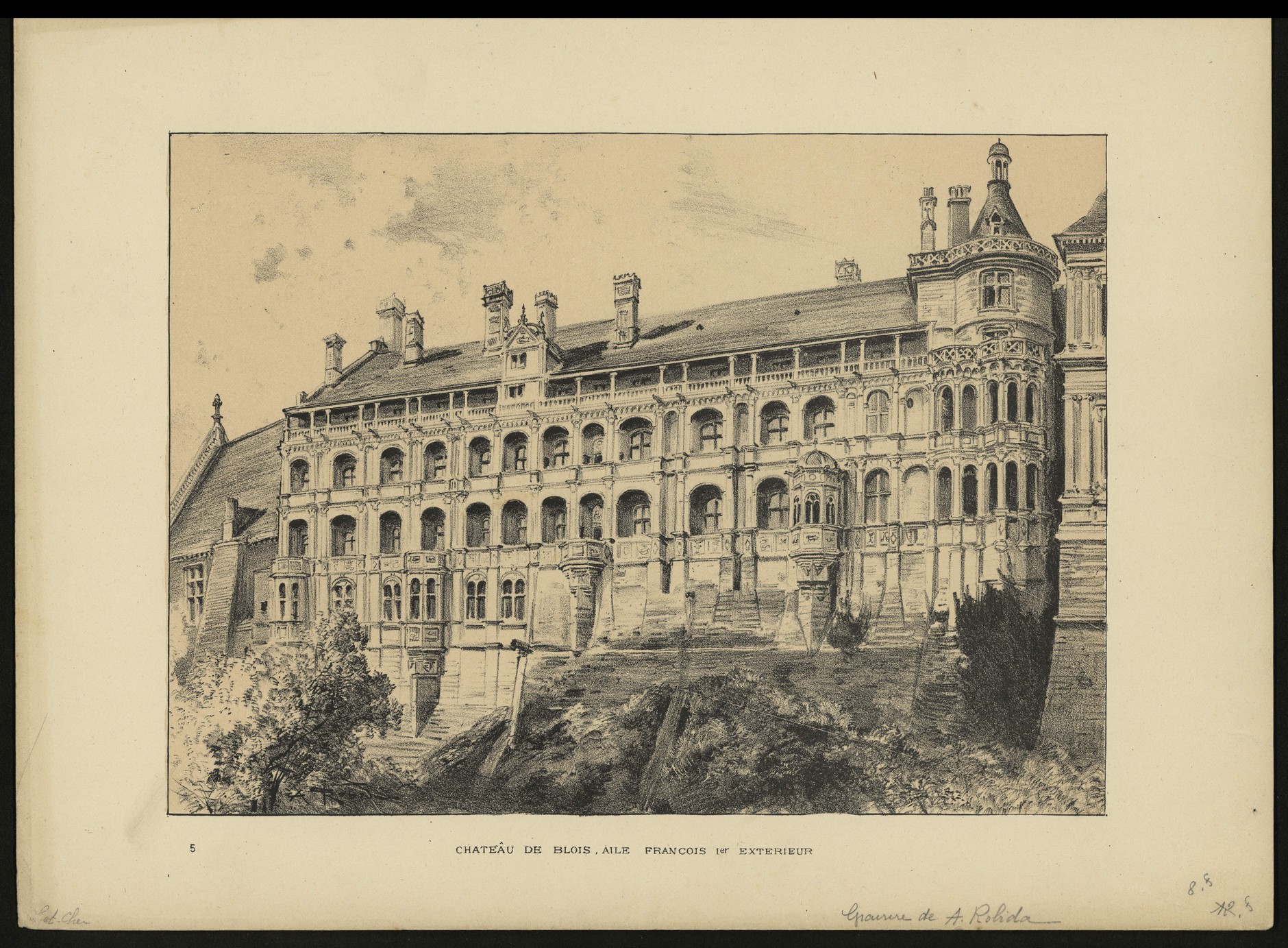 Albert Robida, la façade des Loges du château de Blois, lithographie vers 1884