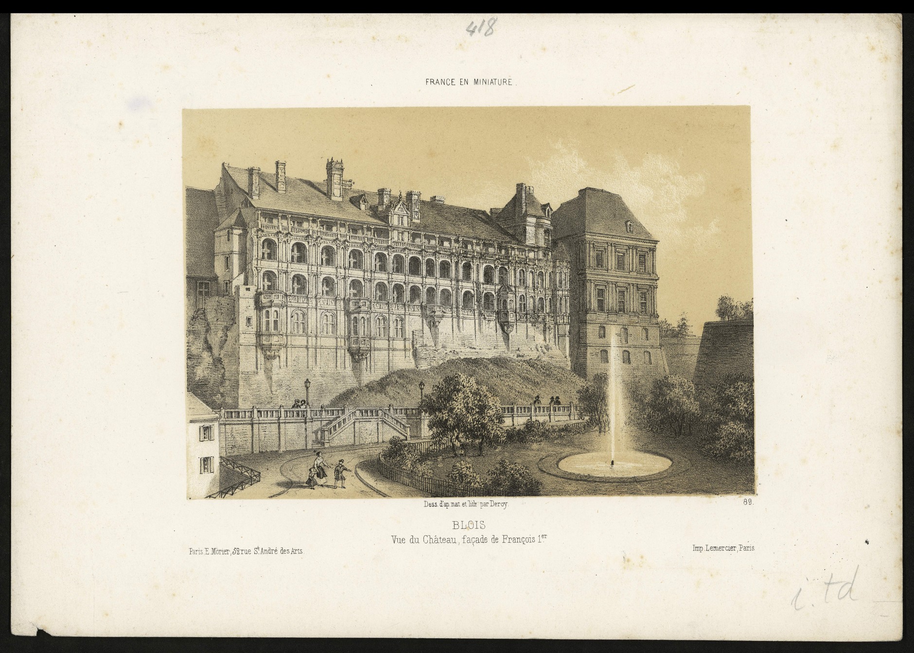 Deroy, Vue du château de Blois, façade François Ier, lithographie vers 1852