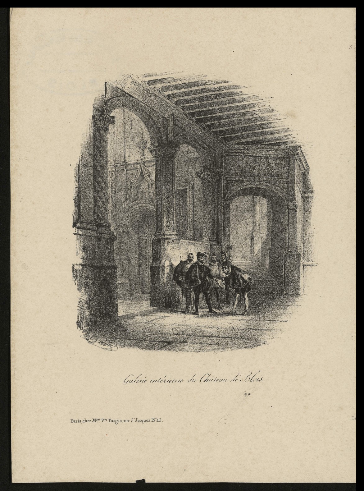 J. David, La galerie Louis XII au château de Blois, lithographie vers 1830