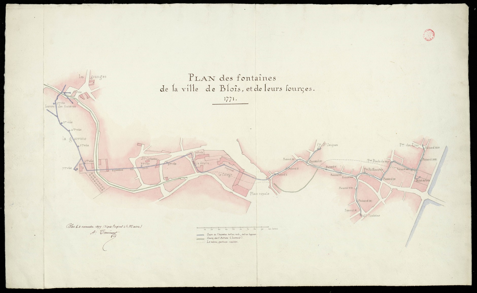 Plan des fontaines de la ville de Blois et de leurs sources, 1771, copie par Trouessart