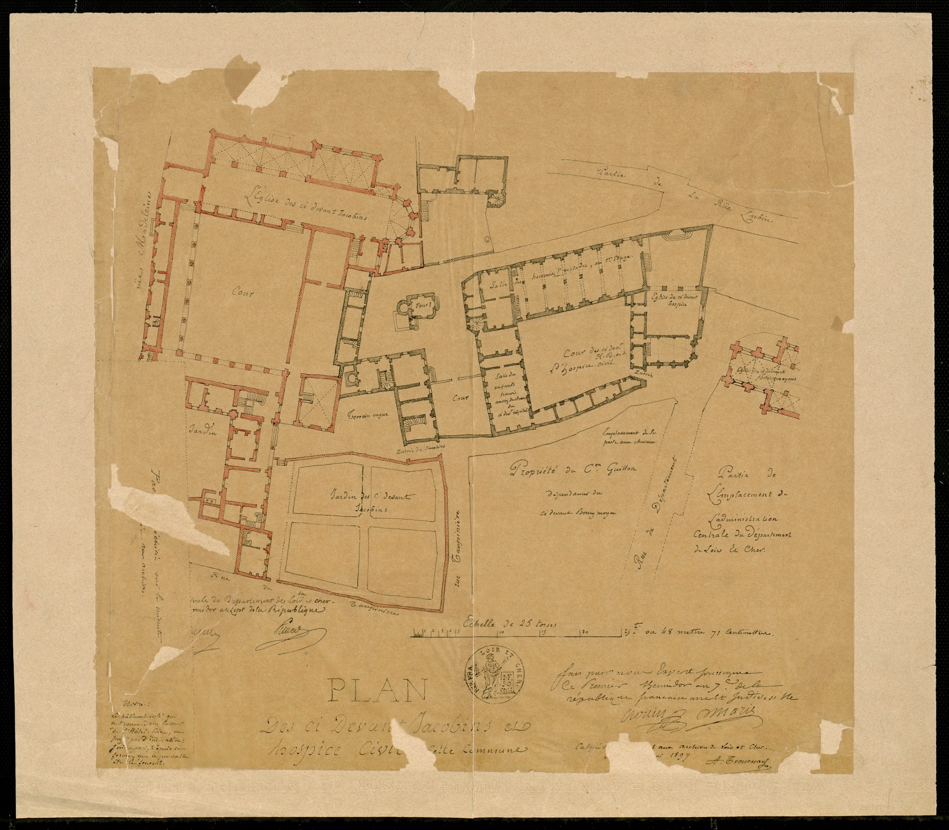 Plan des ci-devant Jacobins et hospice civil de Blois, 1799, copie par Arthur Trouessart, 1897