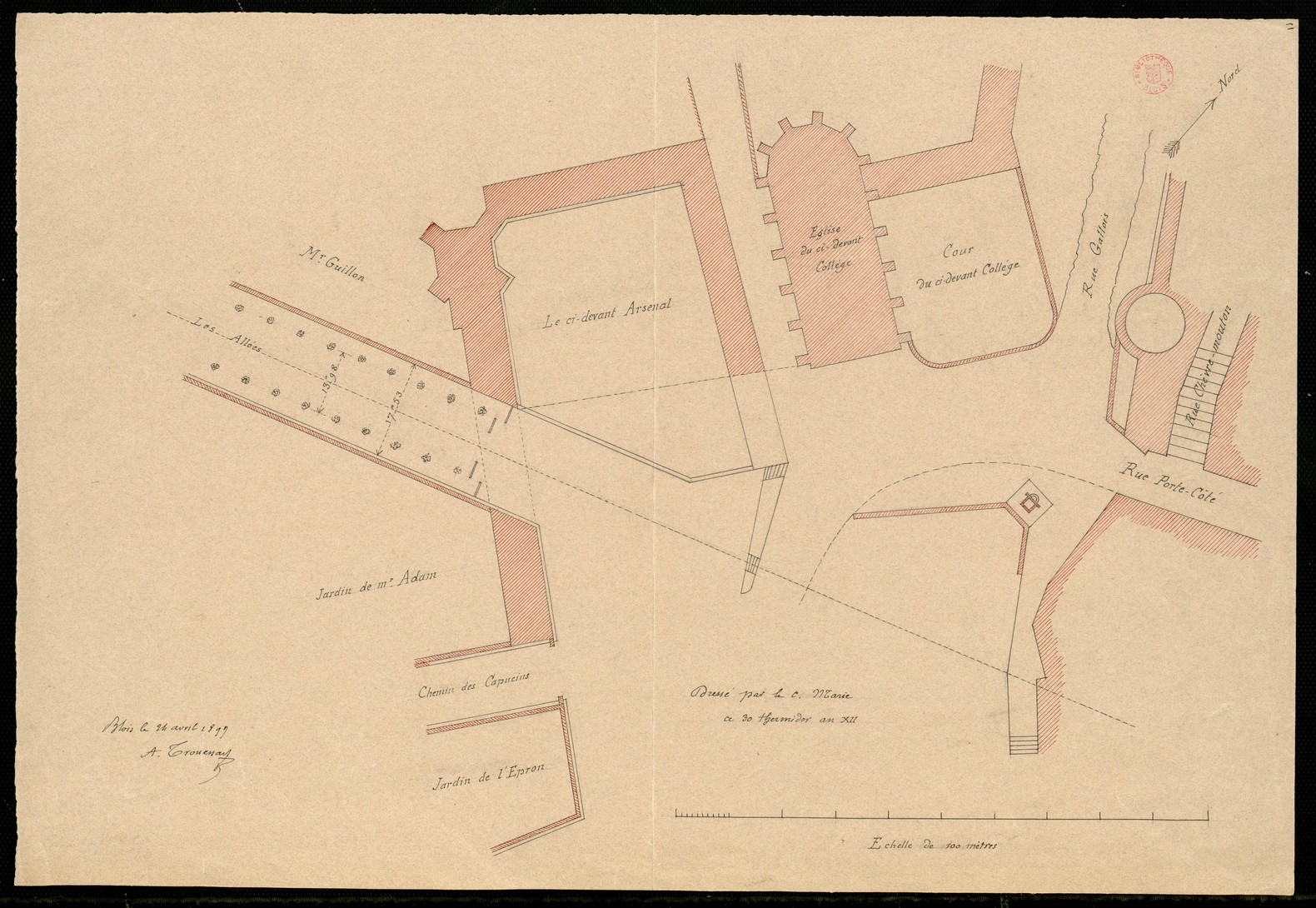 Honoré Marie, Blois, plan de la place des Jésuites, 1804, copie par Arthur Trouessart, 1889