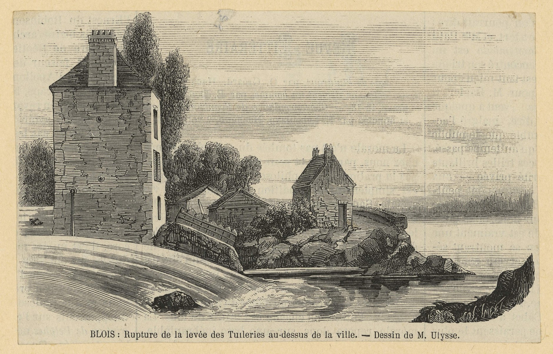 Blois, Rupture de la levée des Tuileries durant la crue de juin 1856, gravure d'après le dessin d'Ulysse Besnard
