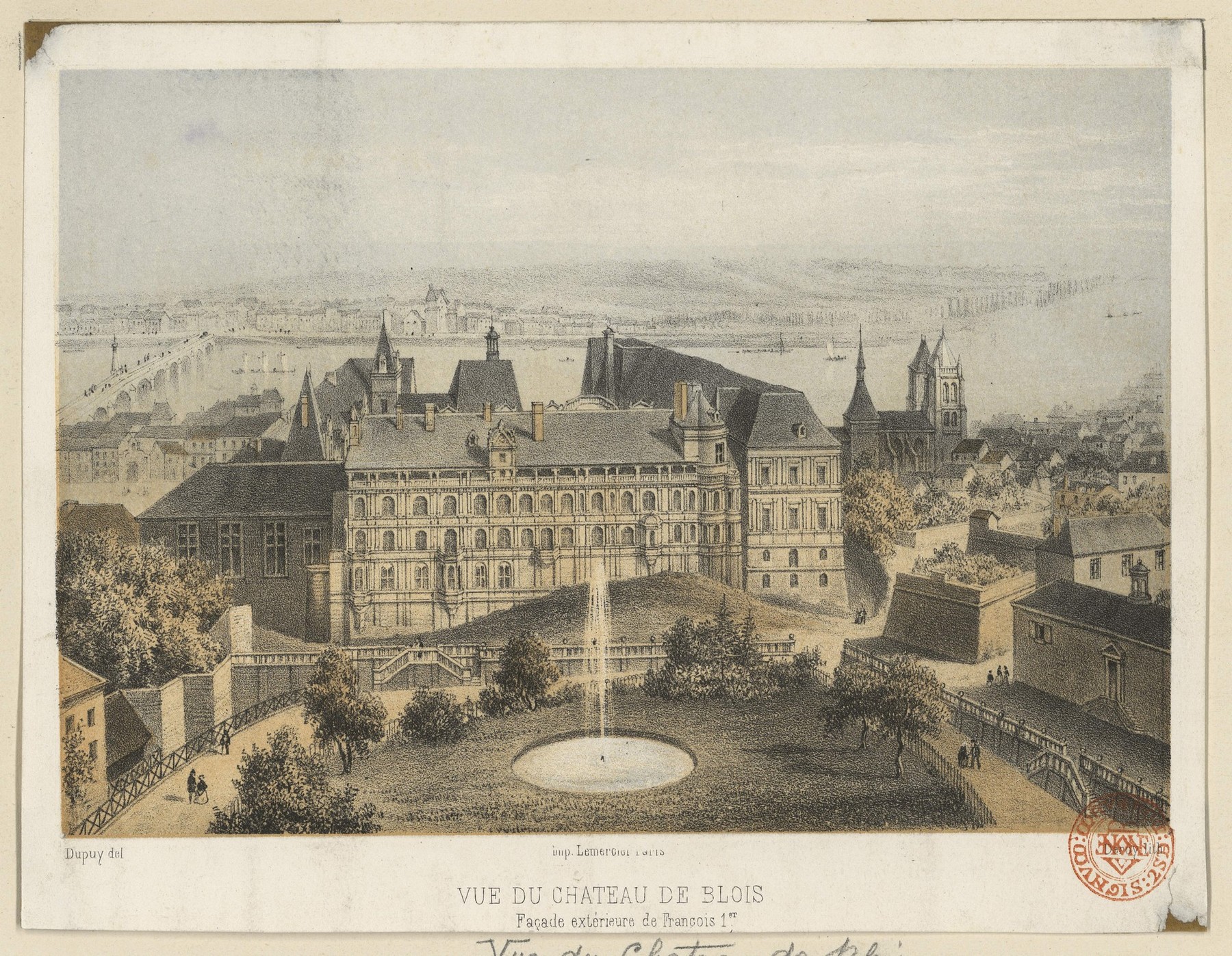 Dupuy, Vue du château de Blois, lithographie par Deroy vers 1852