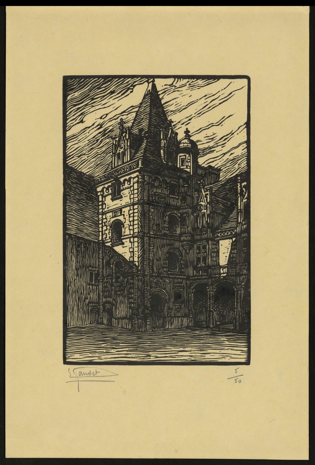 Etienne Gaudet, L'escalier Louis XII au château de Blois, gravure sur bois vers 1930