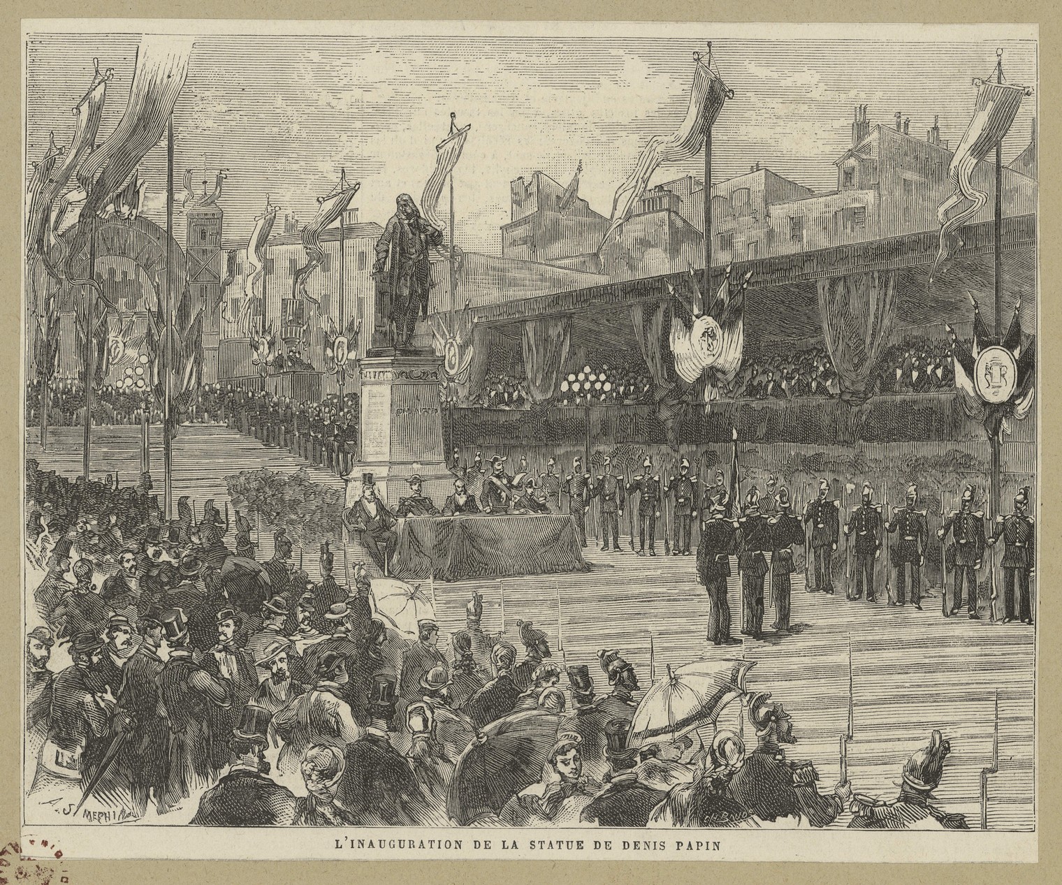 Méchin, L'inauguration de la statue de Denis Papin à Blois, le 29 août 1880, gravure sur bois