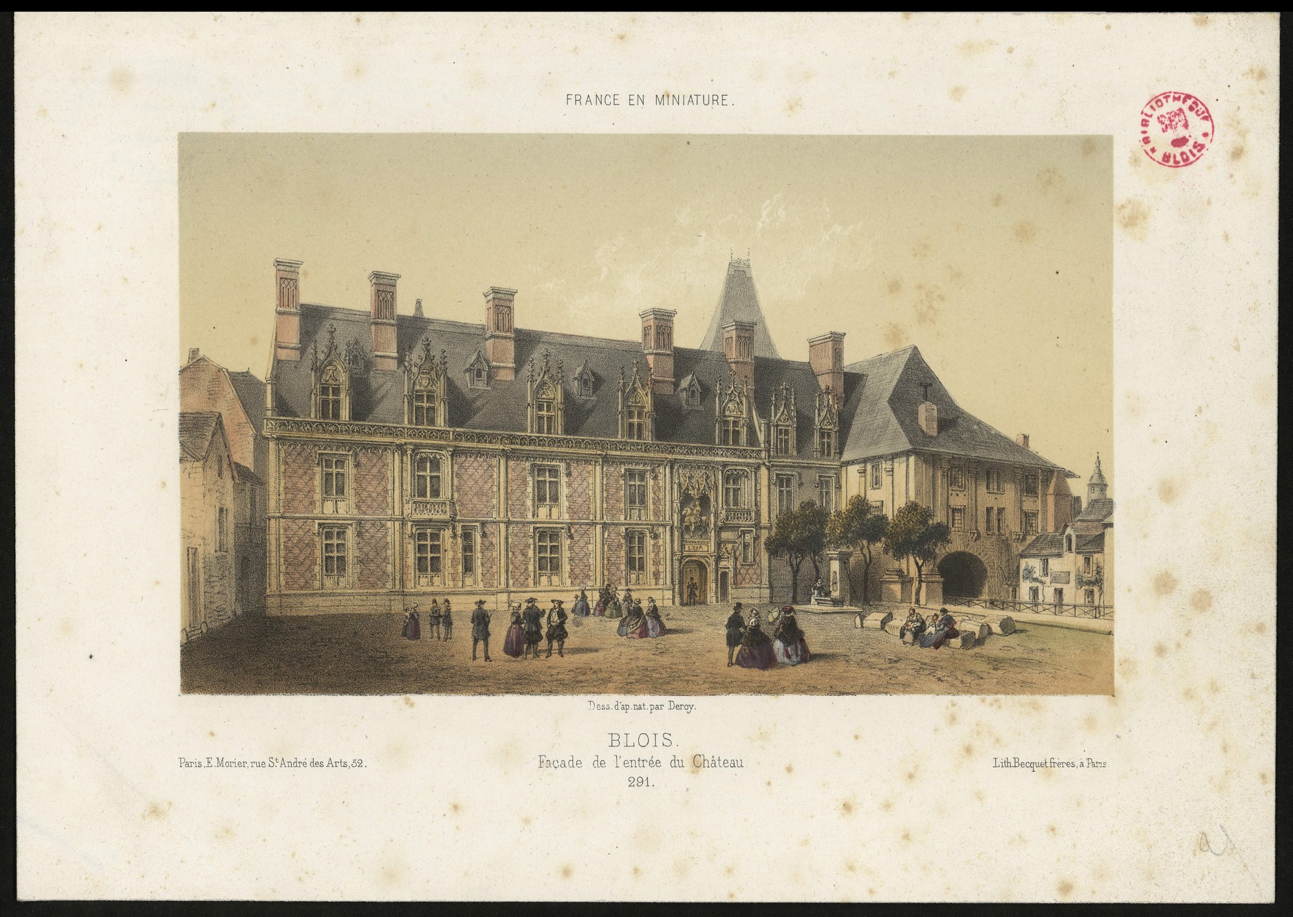 Deroy, Façade de l'entrée du château de Blois, lithographie vers 1855