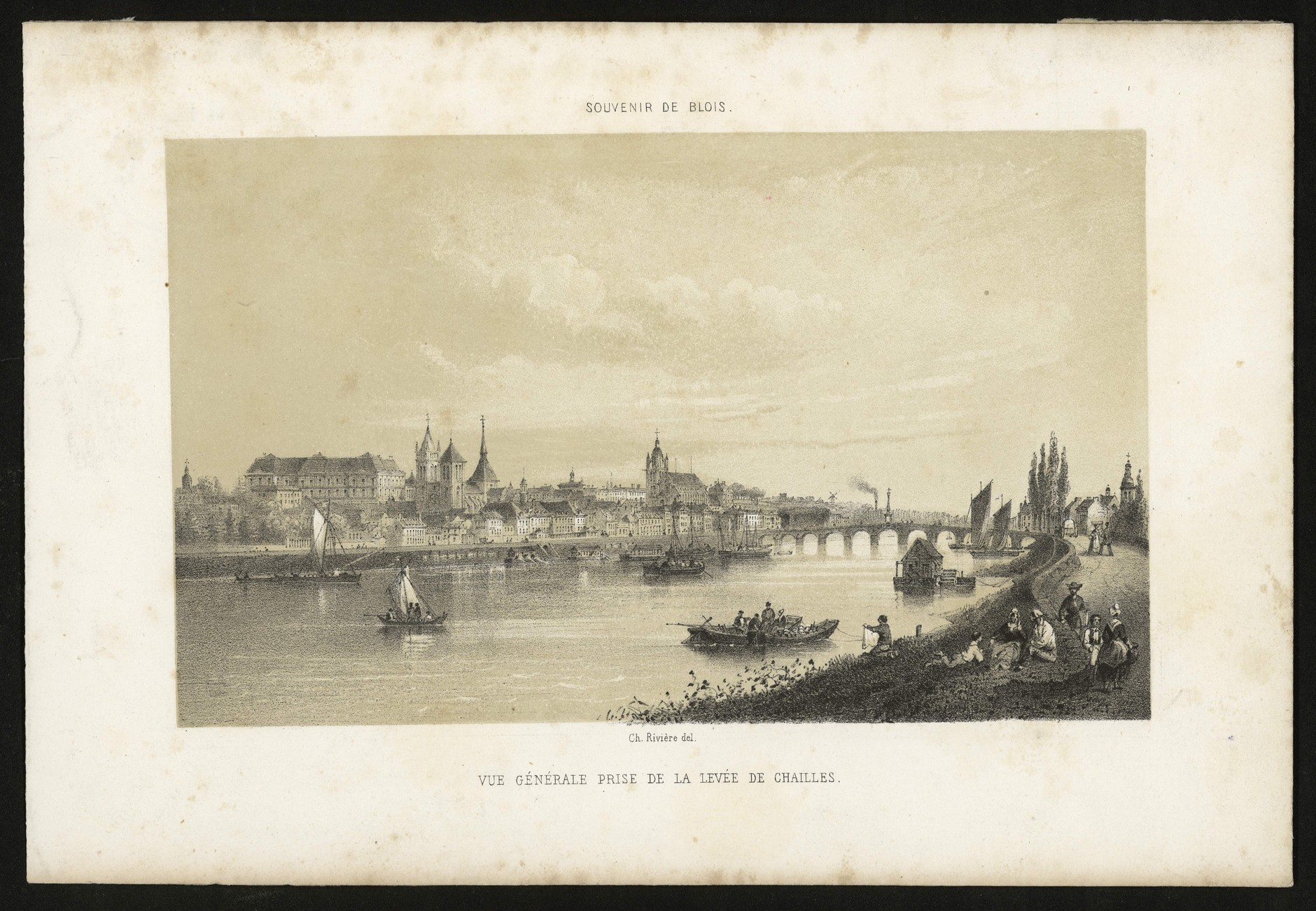 Blois, vue prise de la levée de Chailles, lithographie par Ch. Rivière, vers 1850