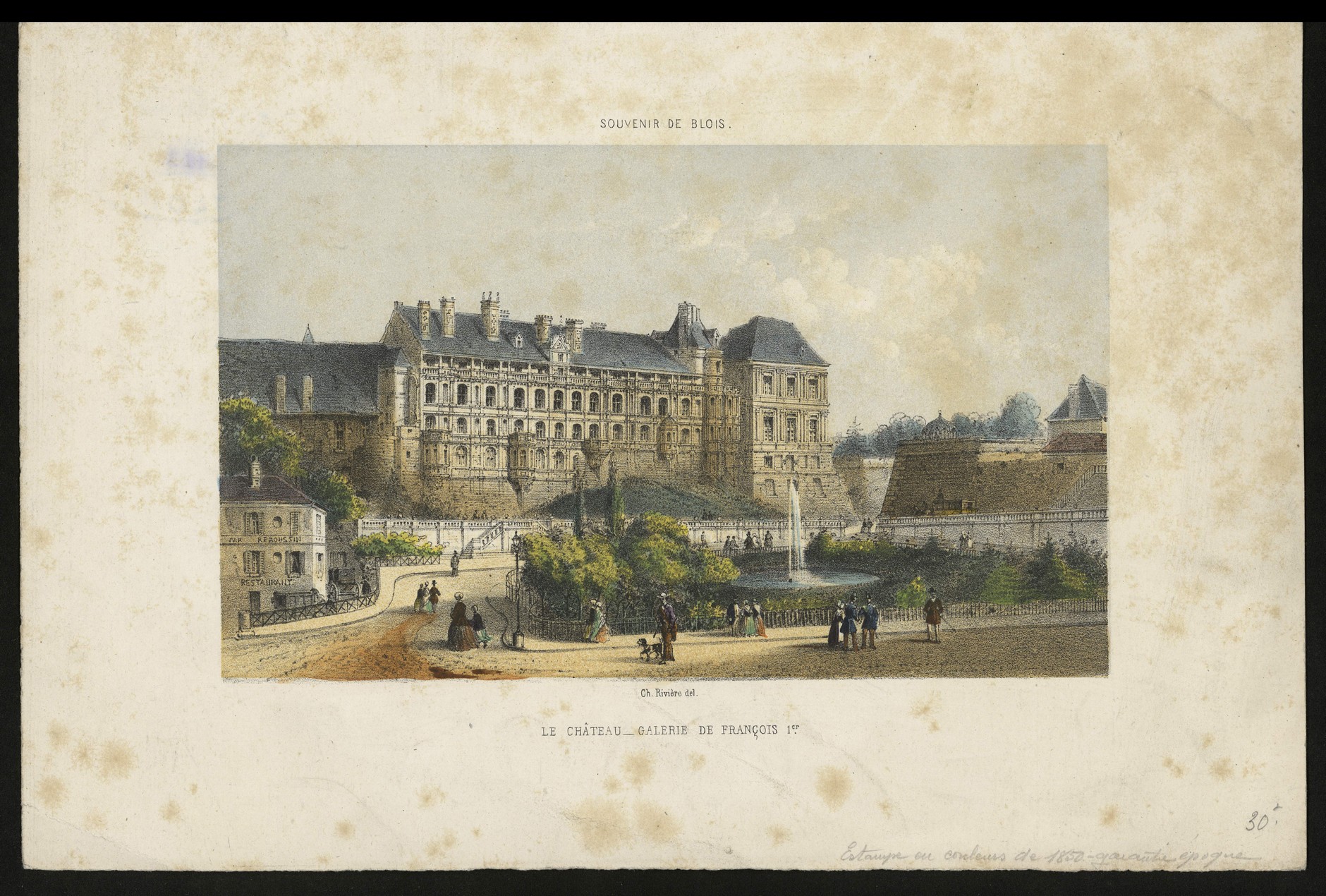 Rivière, Blois, le château et la place des Jésuites, lithographie vers 1855