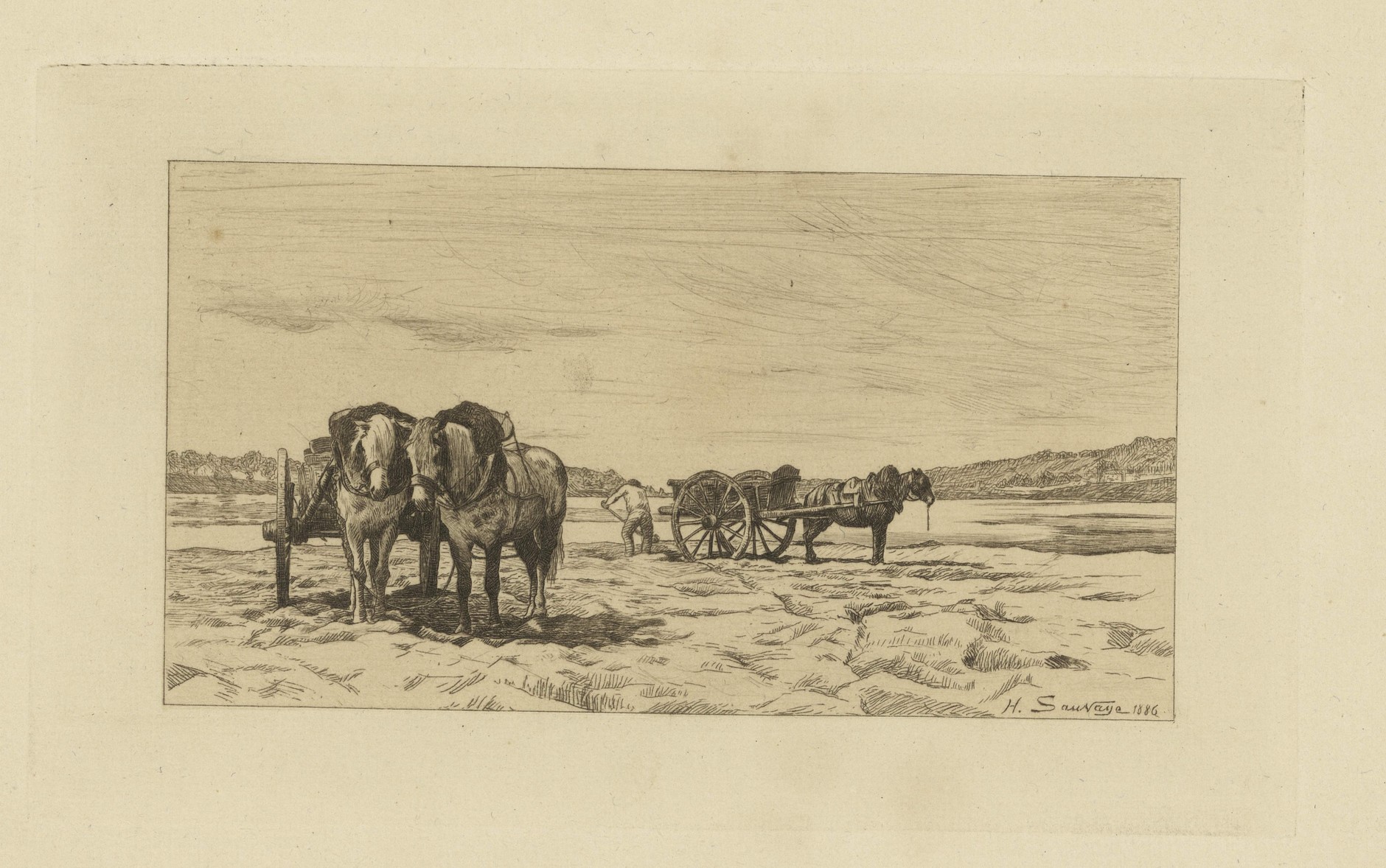Henri Sauvage, Les tireurs de sable, eau forte, 1886