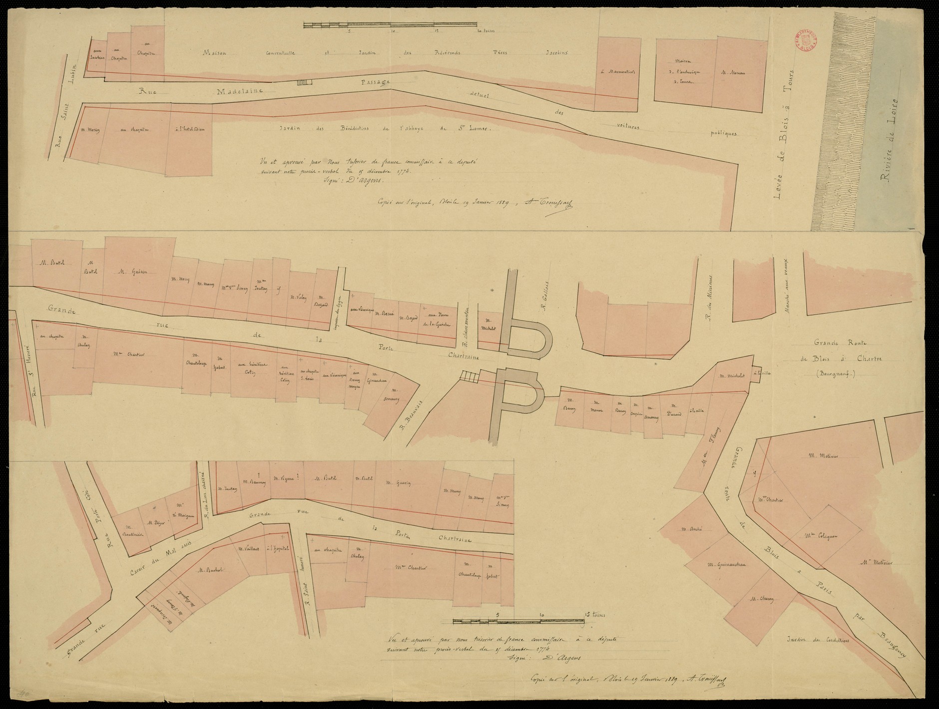 D'Argens, Blois, plan de la rue Porte Chartraine et la rue Madeleine, 1774, copie par Trouessart 1889