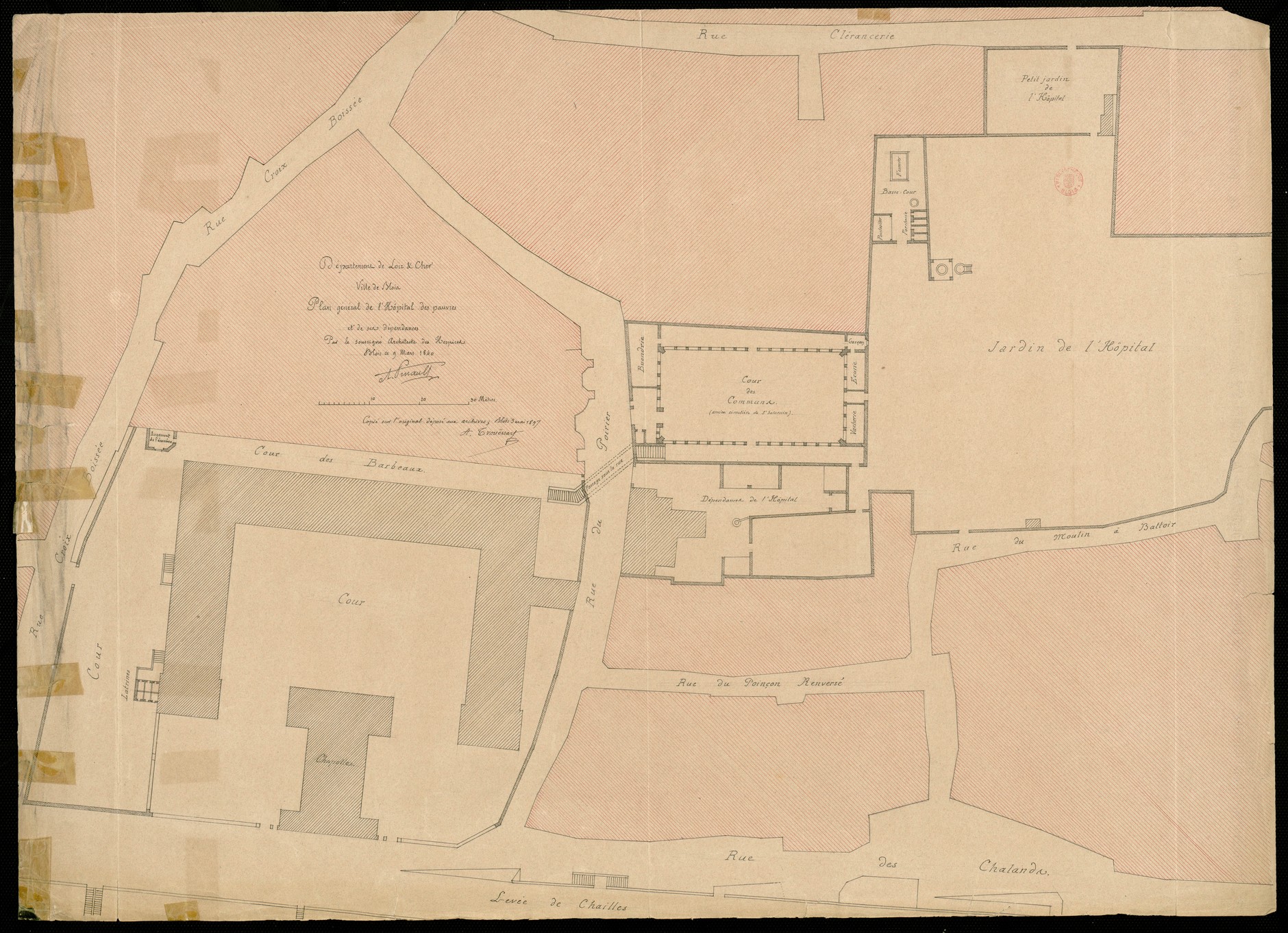 Alexandre Pinault, plan de l'hôpital général de Blois 1840, copie par Arthur Trouessart, 1897