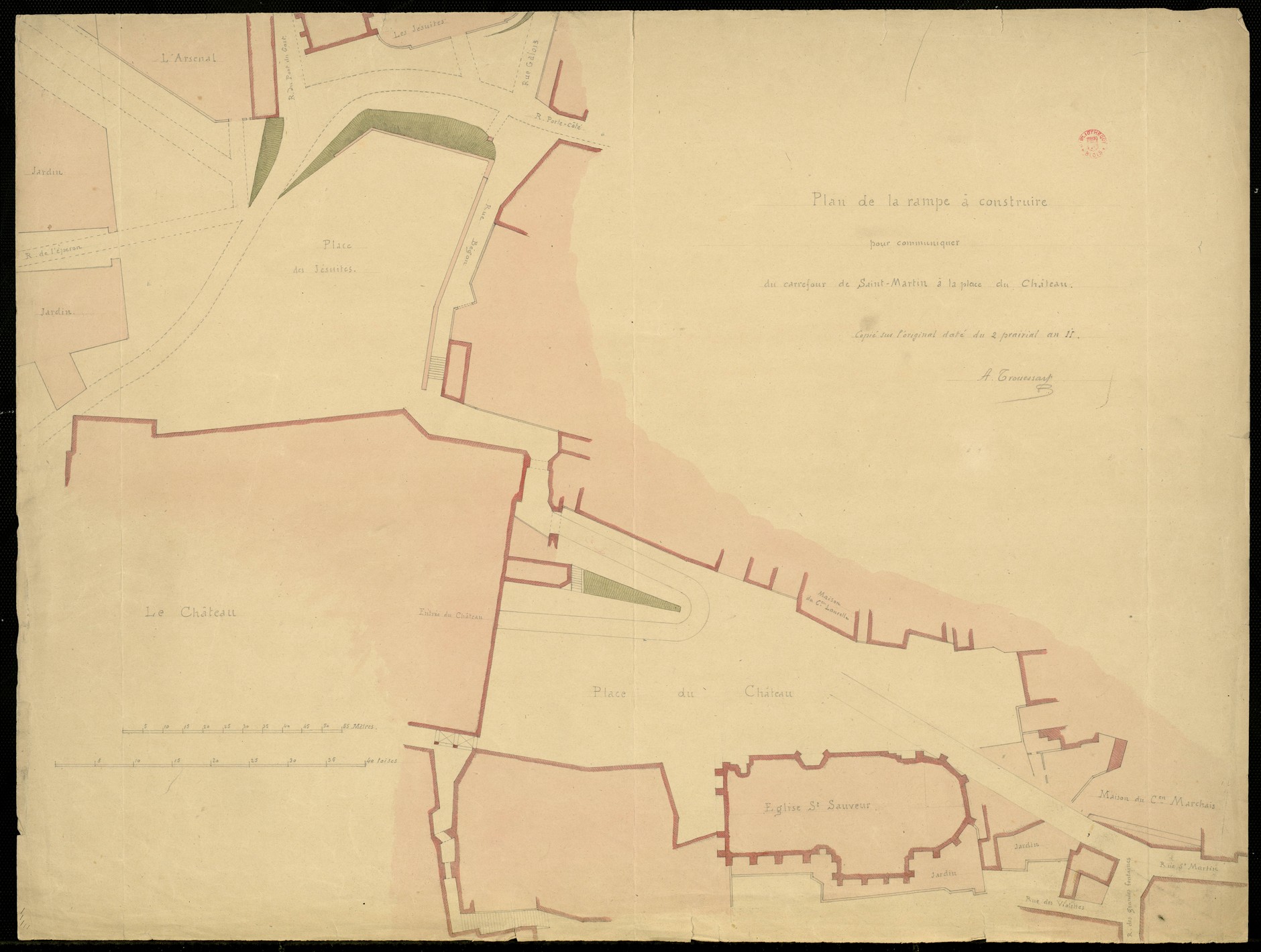 Blois, Plan de la rampe à construire pour communiquer du carrefour Saint-Martin à la place du château, 1803, copie par Arthur Trouessart