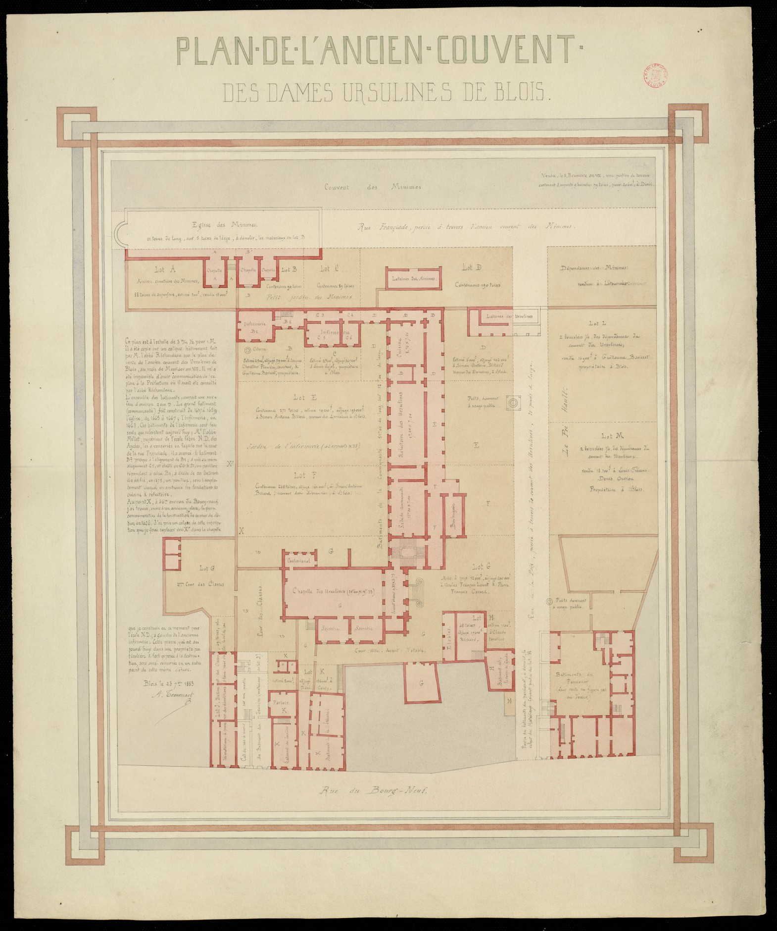 Arthur Trouessart, Plan de l 'ancien couvent des dames ursulines de Blois, 1883