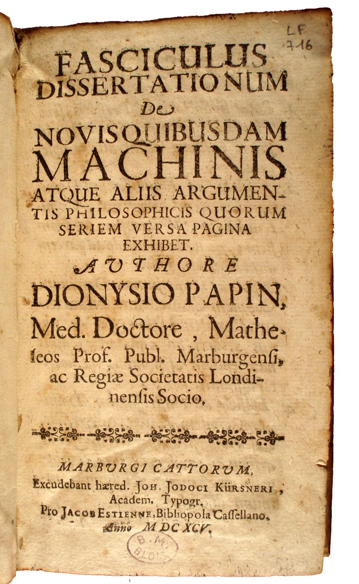 Denis Papin, De novis quibusdam machinis, 1695