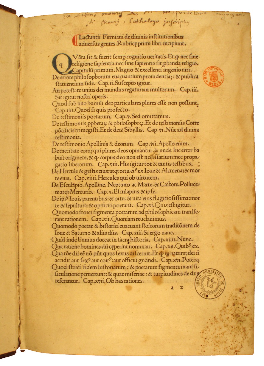 Lactance - Opera - Venezia : Johannes de Colonia et Johannes Manthen, 27 VIII 1478 - Cote I 76