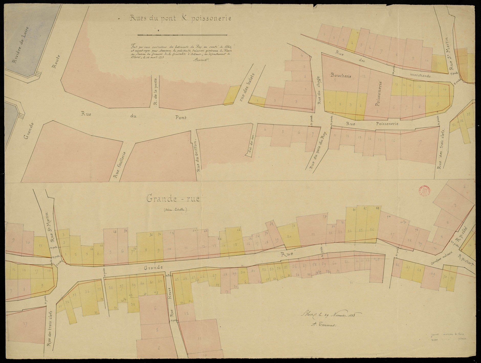 Aurioust, plan des rues du pont, de la poissonnerie et de la Grand Rue de Blois, 1773, copie par Trouessart 1888