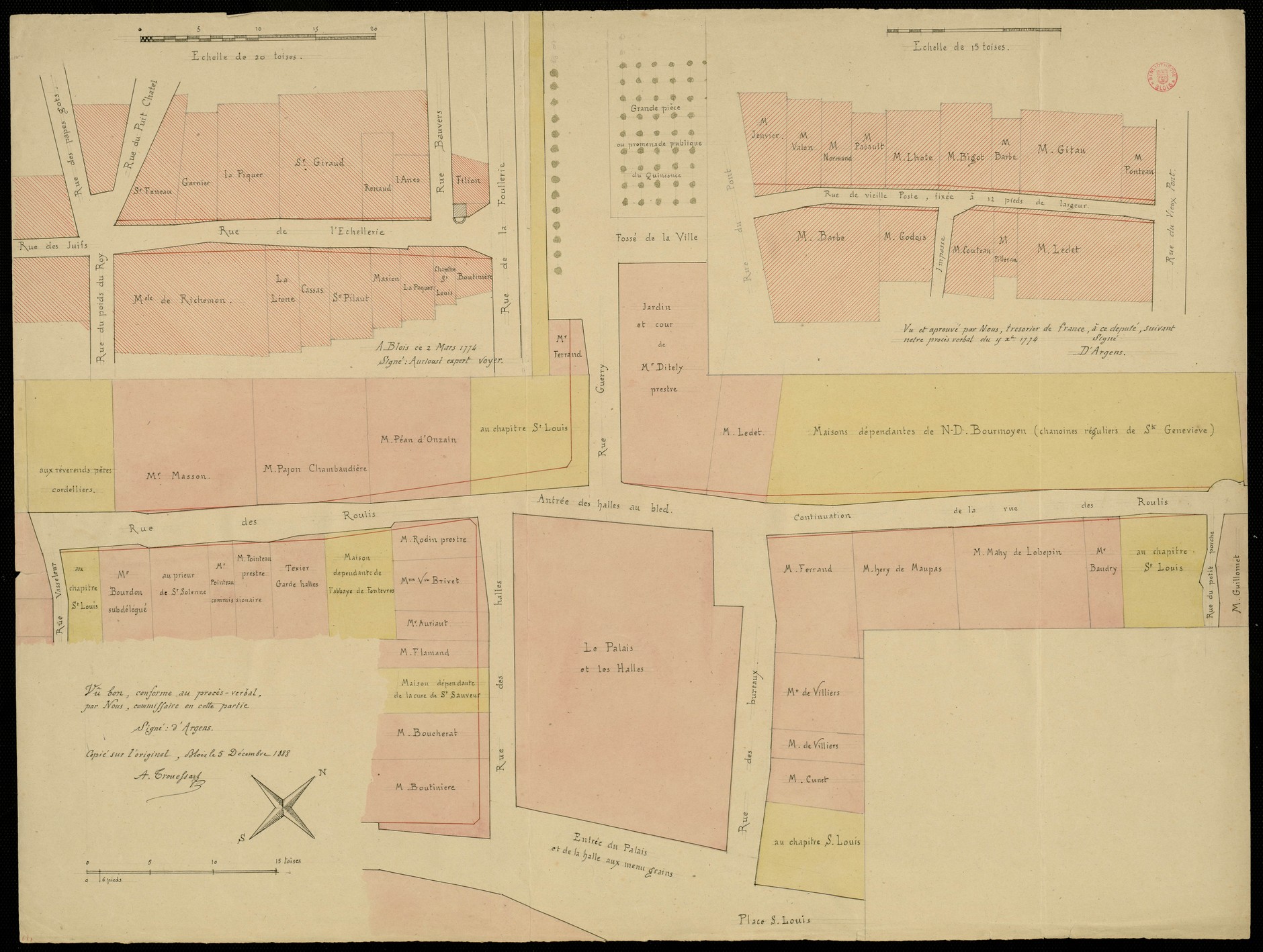 Aurioust, Blois, plan de la rue de l'Echallerie, 1774, d'Argens, plan des rues de la Vieille poste et du Rouillis, 1774, copie par Arthur Trouessart, 1888