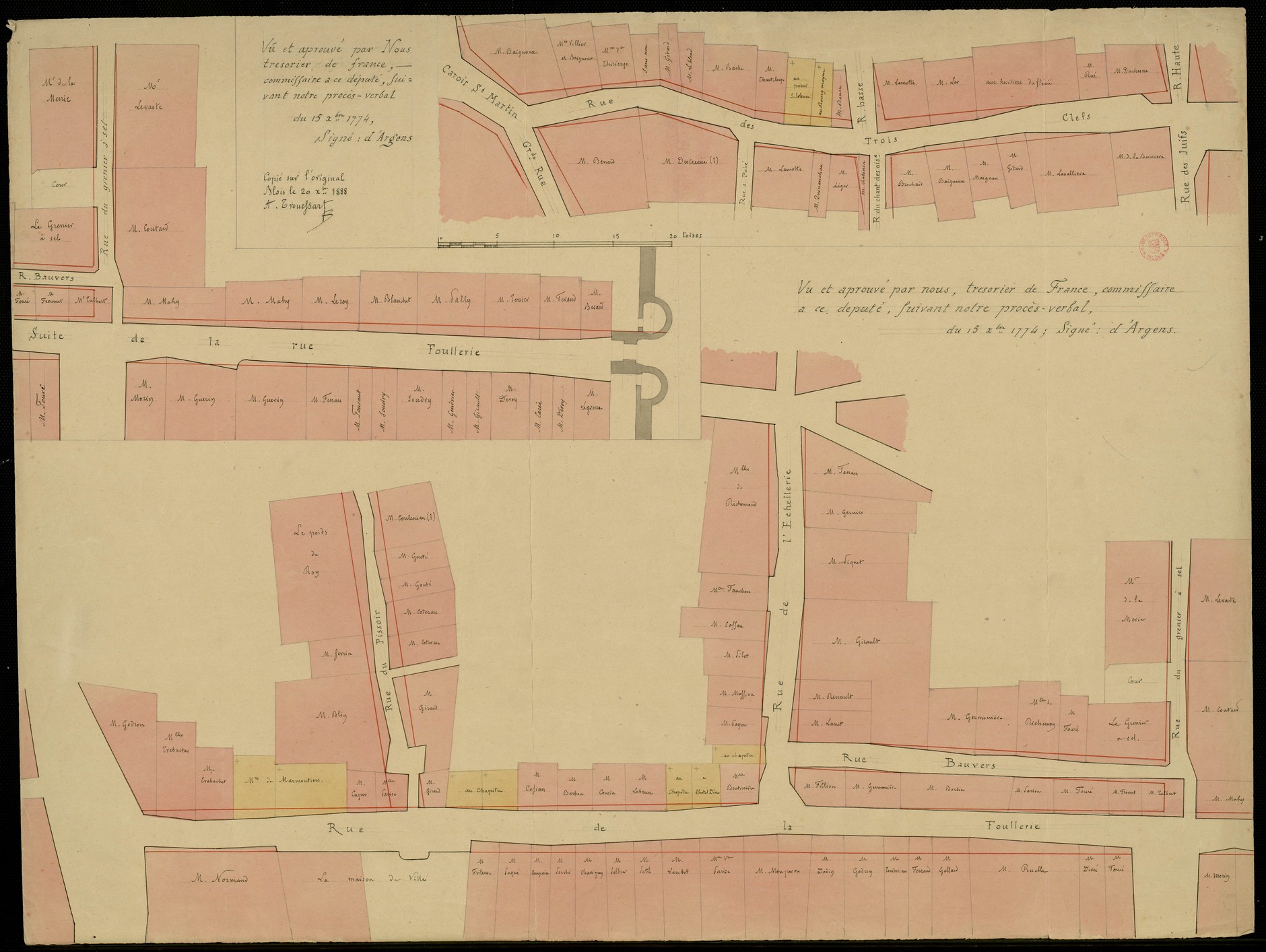 D'Argens, Blois, plan des rues des Trois Clés et de la Foulerie, 1774, copie par Arthur Trouessart, 1888