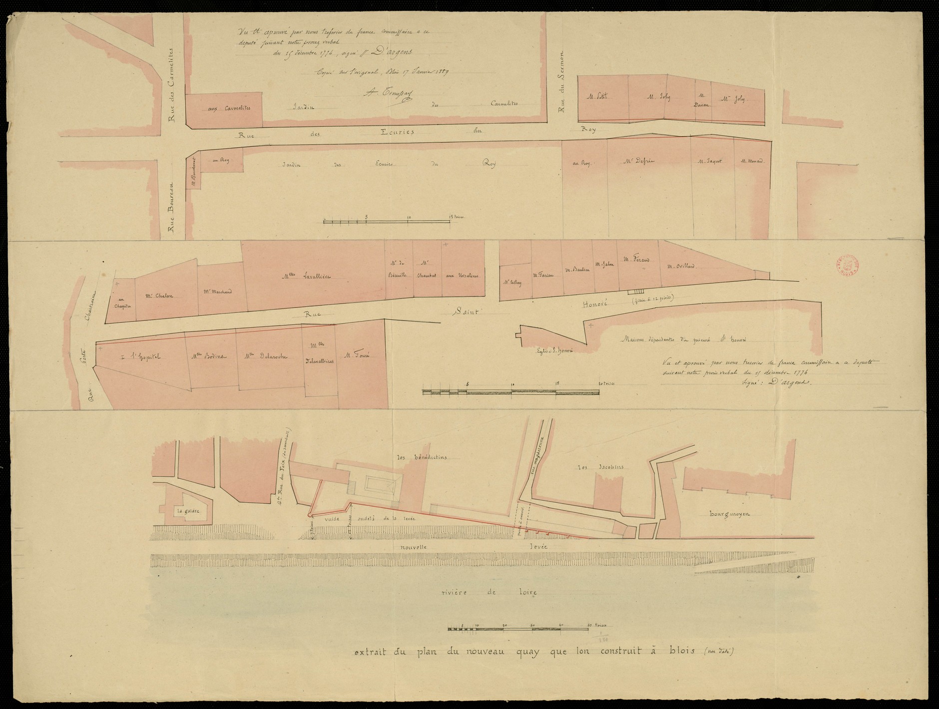 D'Argens, Blois, plan des rues Saint-Honoré et des Ecuries du Roi, 1774, copie par Arthur Trouessart, 1889