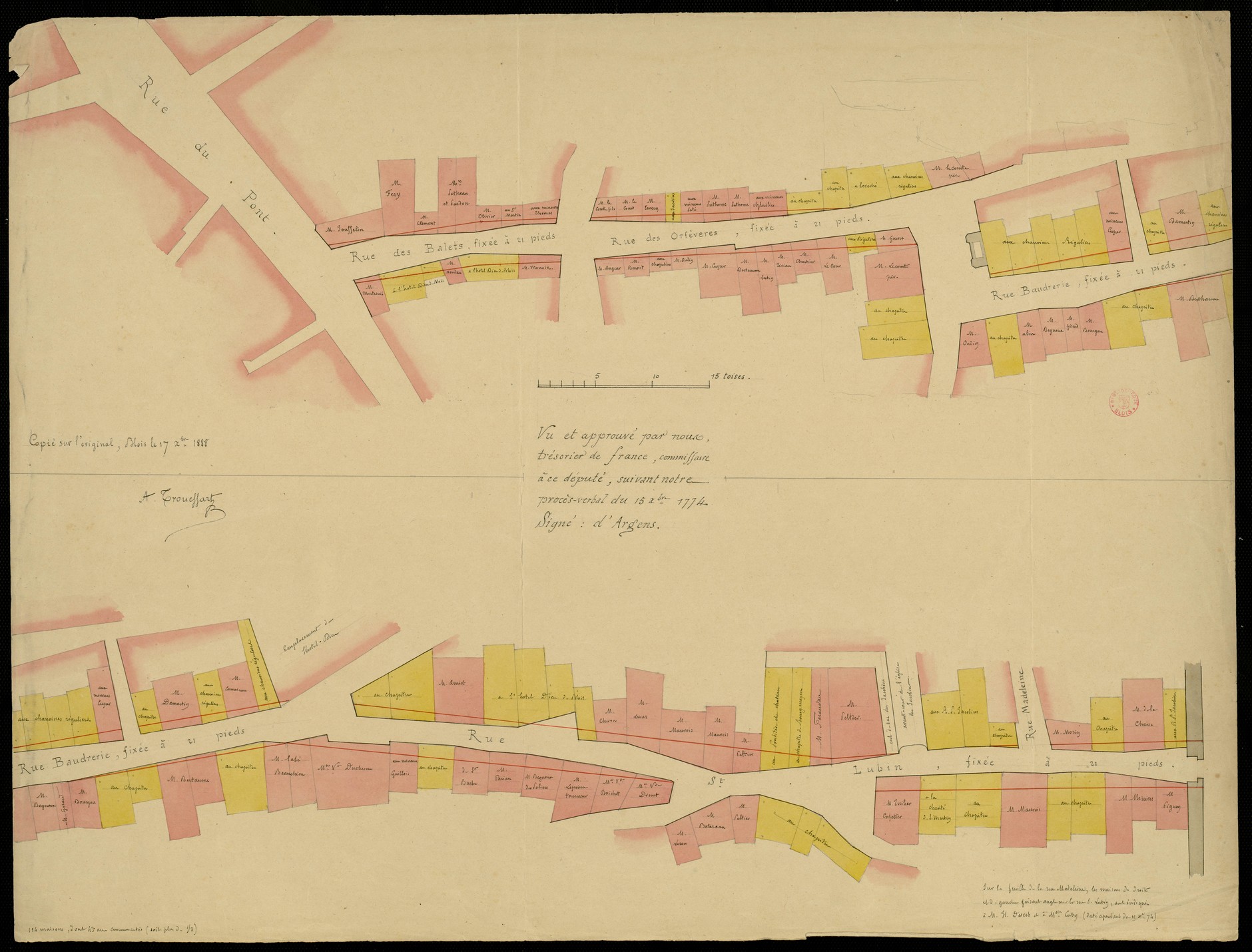 D'Argens, Blois, plan des rues des Ballets, des Orfèvres, de la Baudrerie et Saint-Lubin, 1774, copie par Arthur Trouessart, 1888