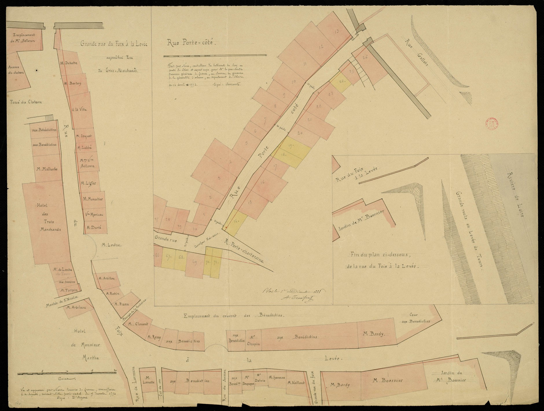 Aurioust, plan de la rue Porte Côté, 1773, D'Argens, plan de la rue des Trois Marchands à Blois, 1774, copie par Arthur Trouessart, 1888