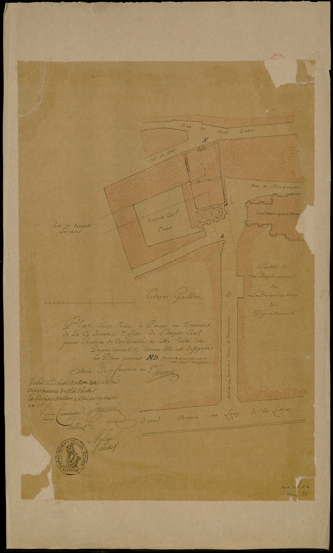 Honoré Marie, Blois, Plan d'une rue à percer au travers de la ci devant église de l'hospice civil pour servir de continuité à celle du Département, 1797, copie par Arthur Trouessart