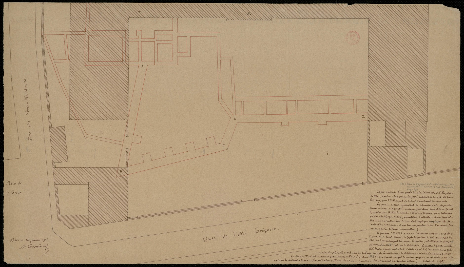 Dufresne, Plan de l'hôpital de Blois, 1889, copie par Trouessart, 1901