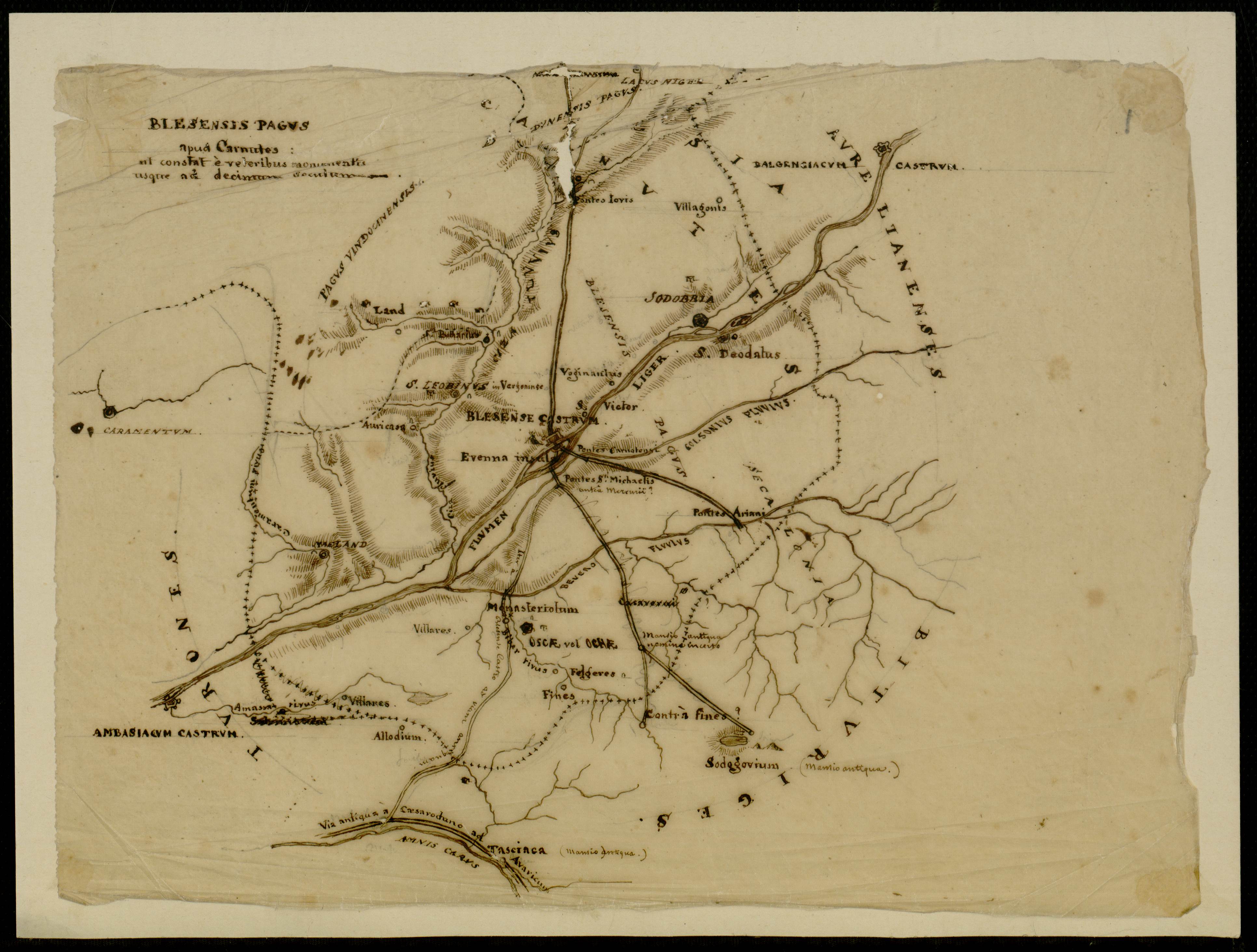 Louis de la Saussaye, Carte du pagus blesensis, dessin à la plume vers 1835