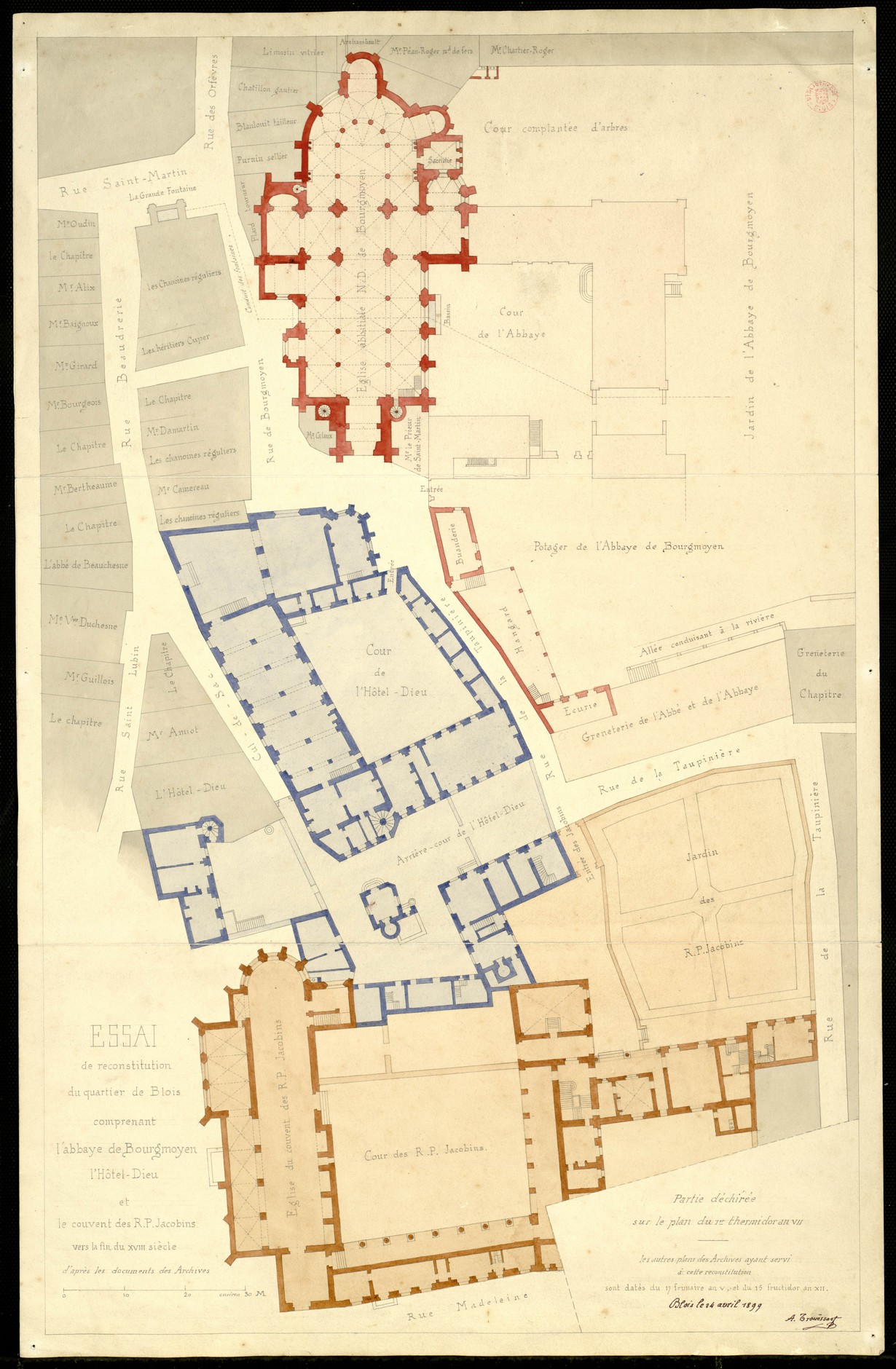 Arthur Trouessart, Essai de reconstitution du quartier de Blois comprenant l'abbye de Bourgmoyen, l'hôtel Dieu et le couvent des RR PP Jacobins vers la fin du XVIIIe siècle, 1899