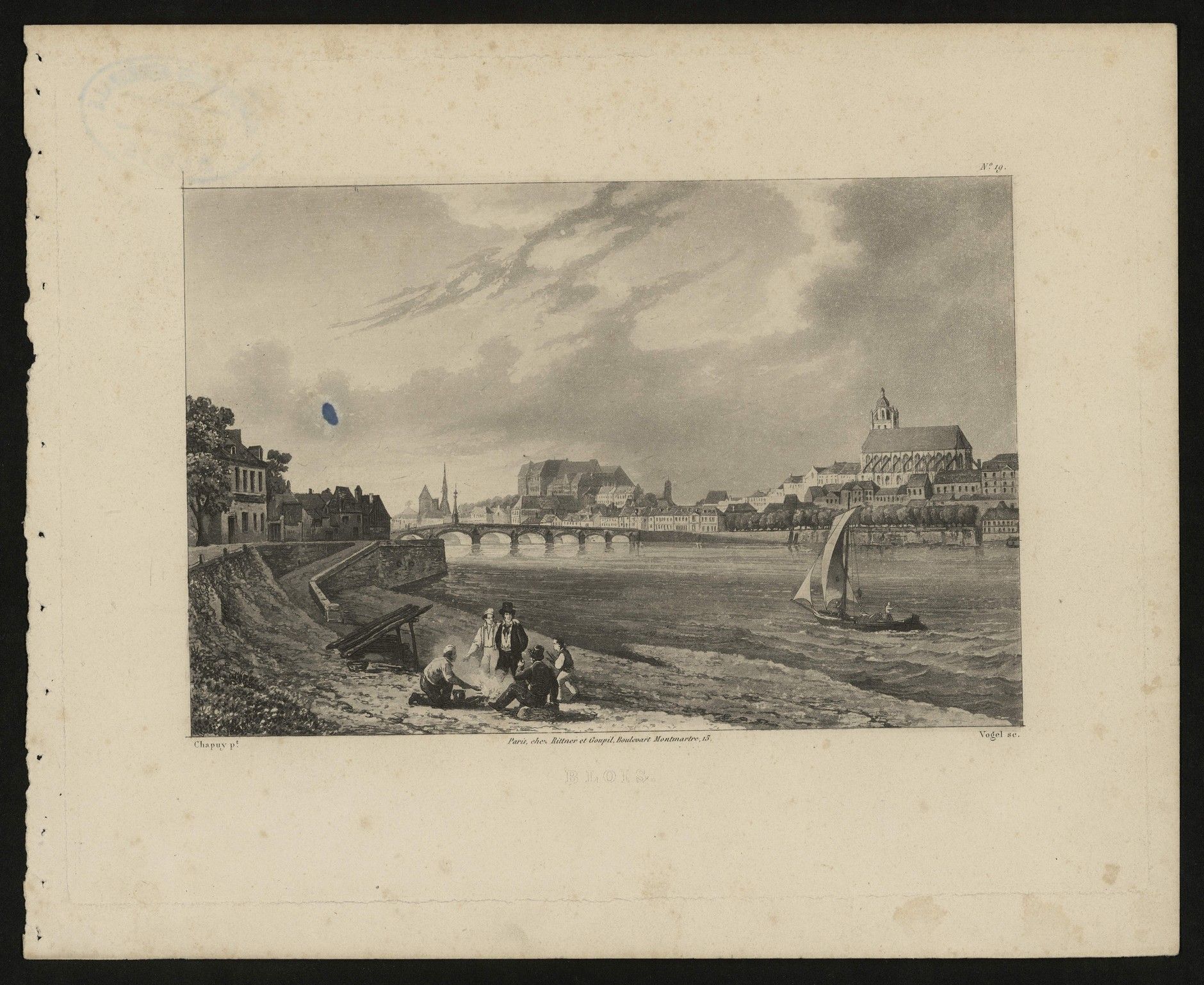 Blois, Vue générale prise du port de la Cresuille, aquatinte par Vogel d'après Chapuy, vers 1835