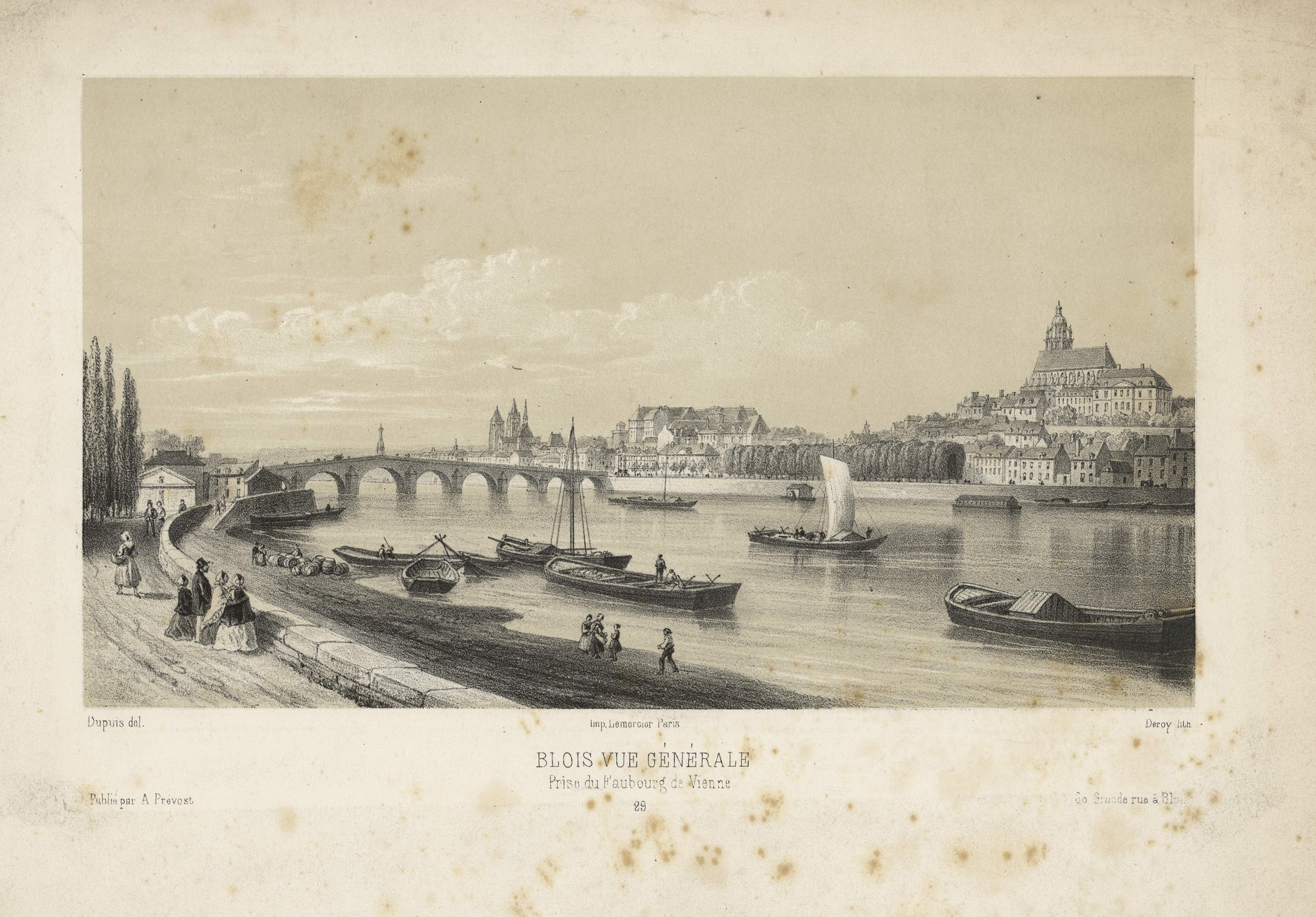 Blois, Vue prise du port de la Creusille, lithographie par Deroy d'après Dupuis, vers 1855