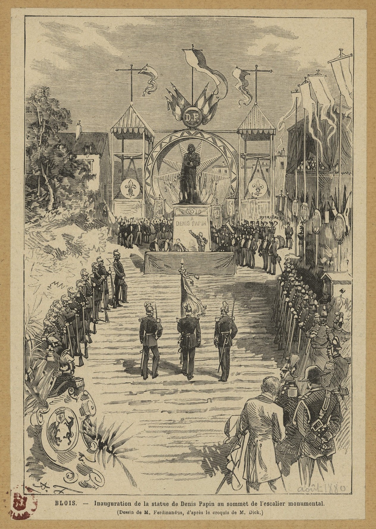 Ferdinandus, Inauguration de la statue de Denis Papin à Blois, 29 août 1880, gravure sur bois