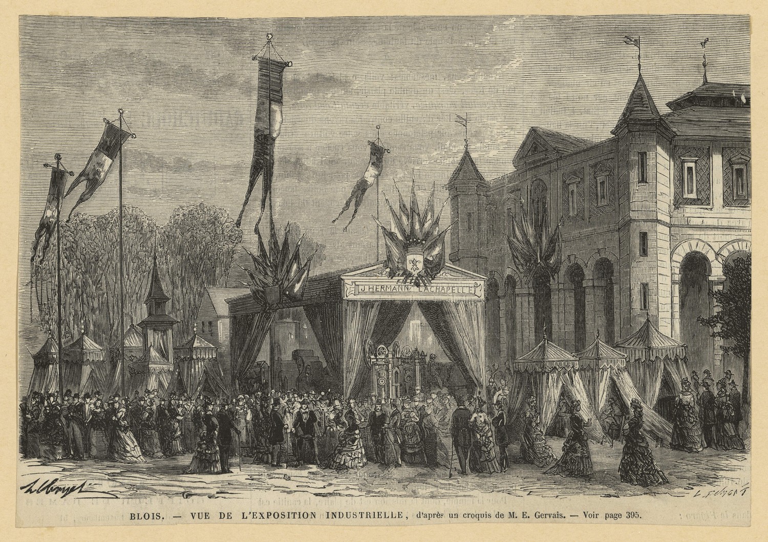 Blois, vue de l'exposition industrielle, gravure sur bois d'après Eugène Gervais, 1858