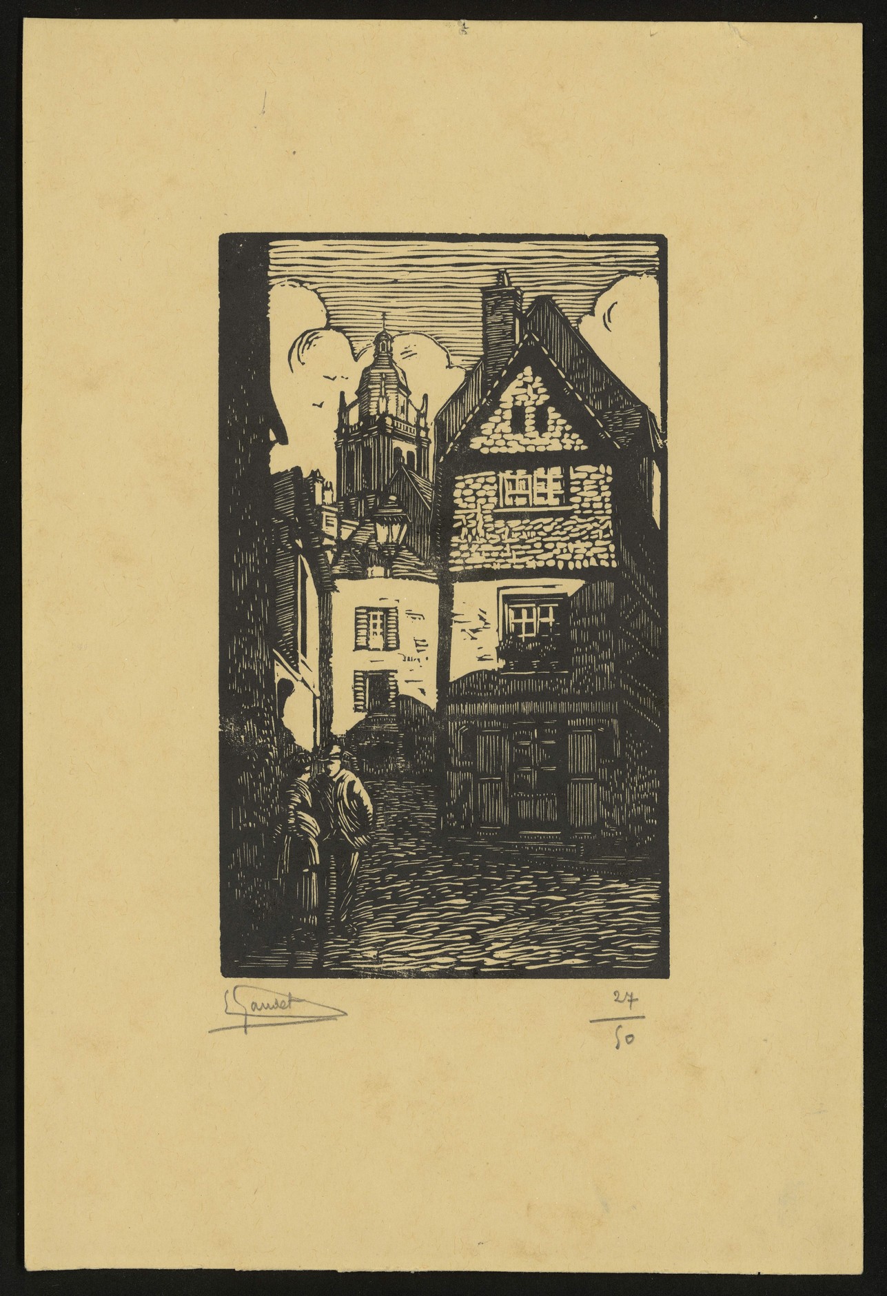 Etienne Gaudet, Blois, le carroir Saint-Michel, gravure sur bois, vers 1930