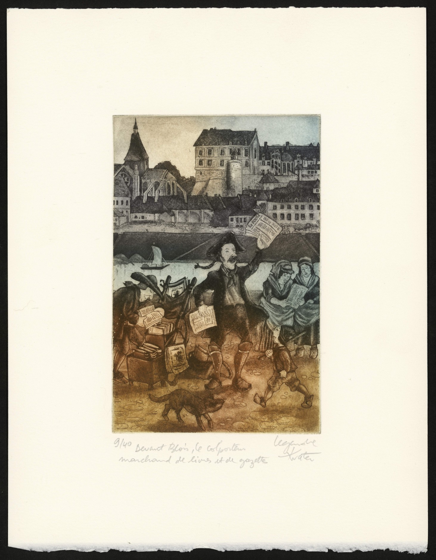 Philippe Legendre-Kvater, Devant Blois, le colporteur marchand de livres et de gazettes, gravure sur cuivre en couleurs, 1984