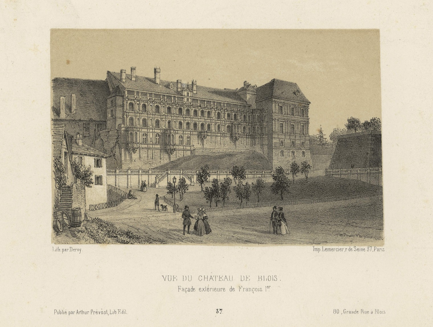 Deroy, Vue du château de Blois, lithographie vers 1848