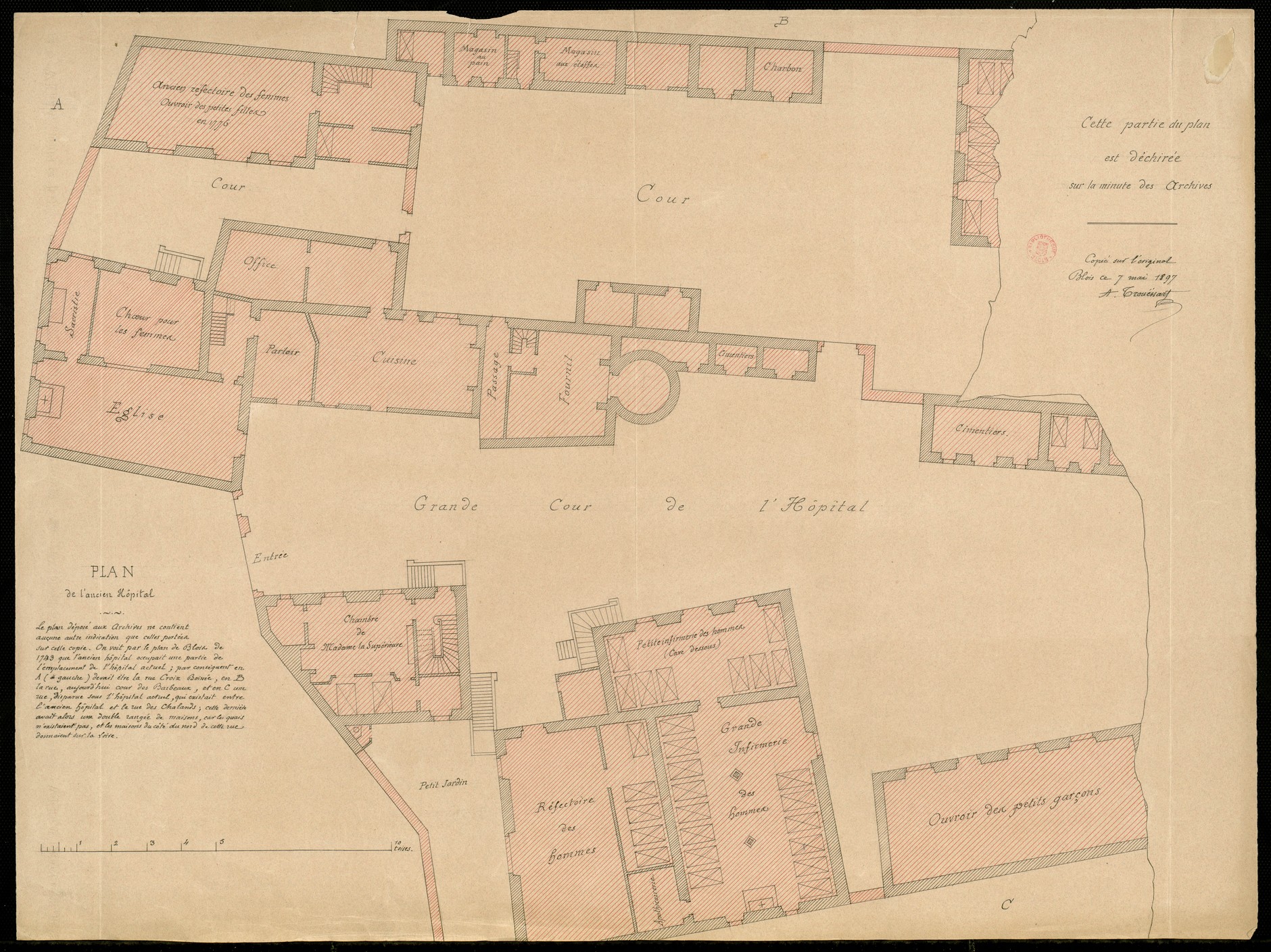 Blois, Plan de l'hopital général de Vienne, fin du XVIIIe siècle, copie par Trouessart, 1897