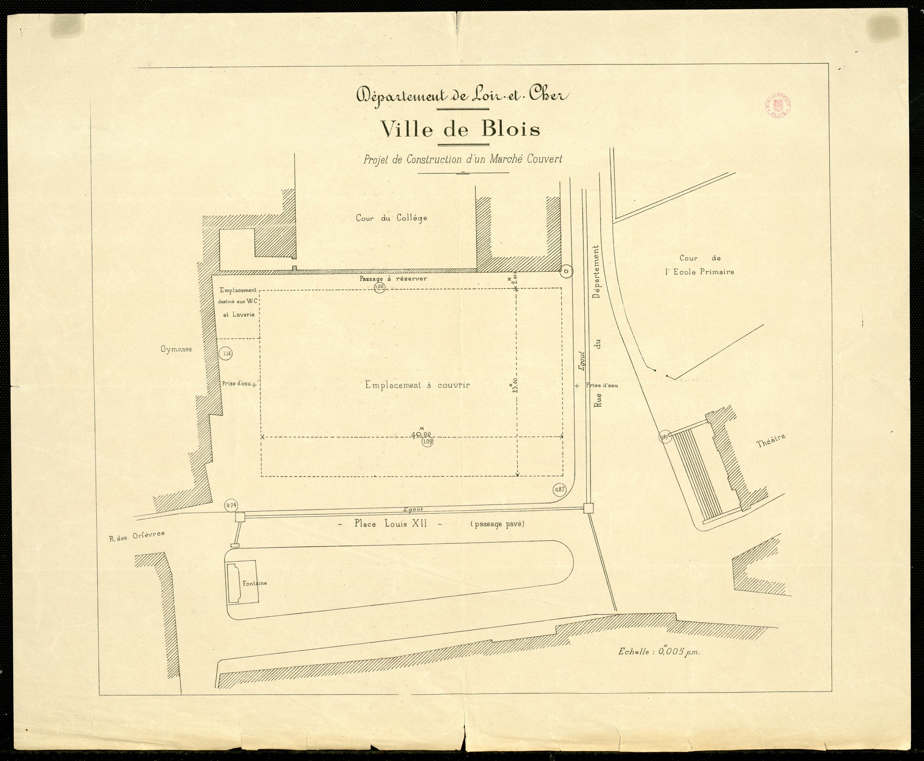 Blois, plan du marché couvert à construire sur la place Louis XII, 1892