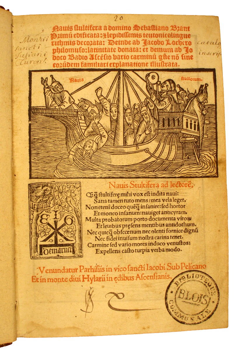 Ex-libris manuscrit de l'abbaye Saint-Julien de Tours, sur la Nef des Fols de Sébastien Brant 1505