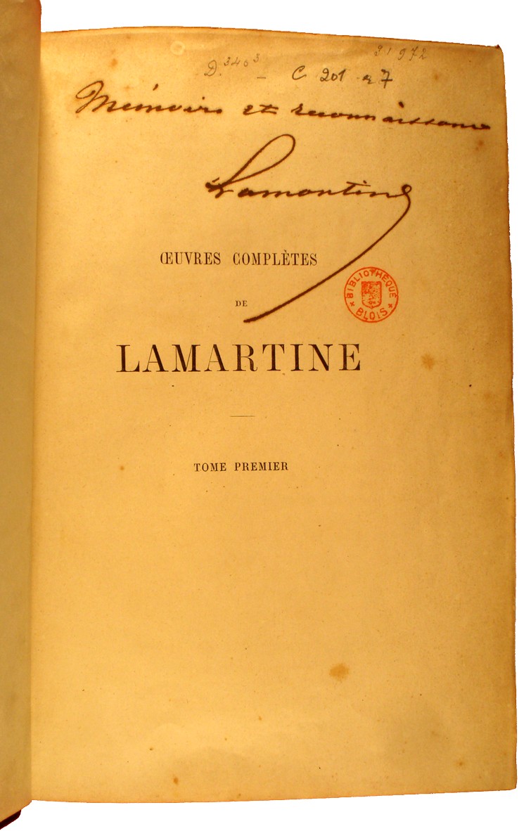 Envoi autographe d'Alphonse de Lamartine sur ses oeuvres complètes