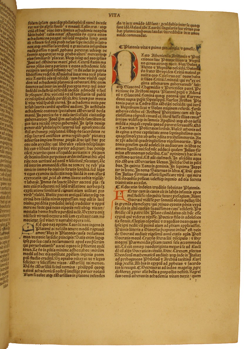 Platon - Opera - Trad. Marsilius Ficinus - Venezia : Bernardino de' Cori et Simone de Lovere pour Andrea Torresani, 13 VIII 1491 - Cote I 25
