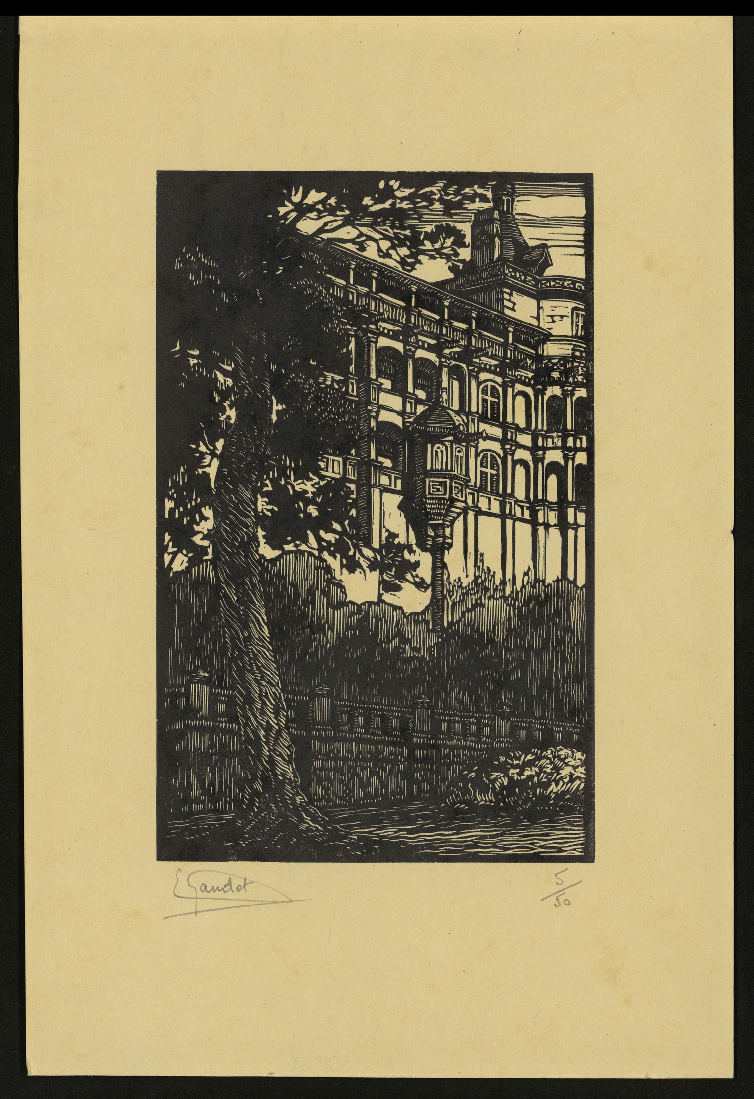 Etienne Gaudet, Château de Blois, la façade des Loges, gravure sur bois, vers 1930