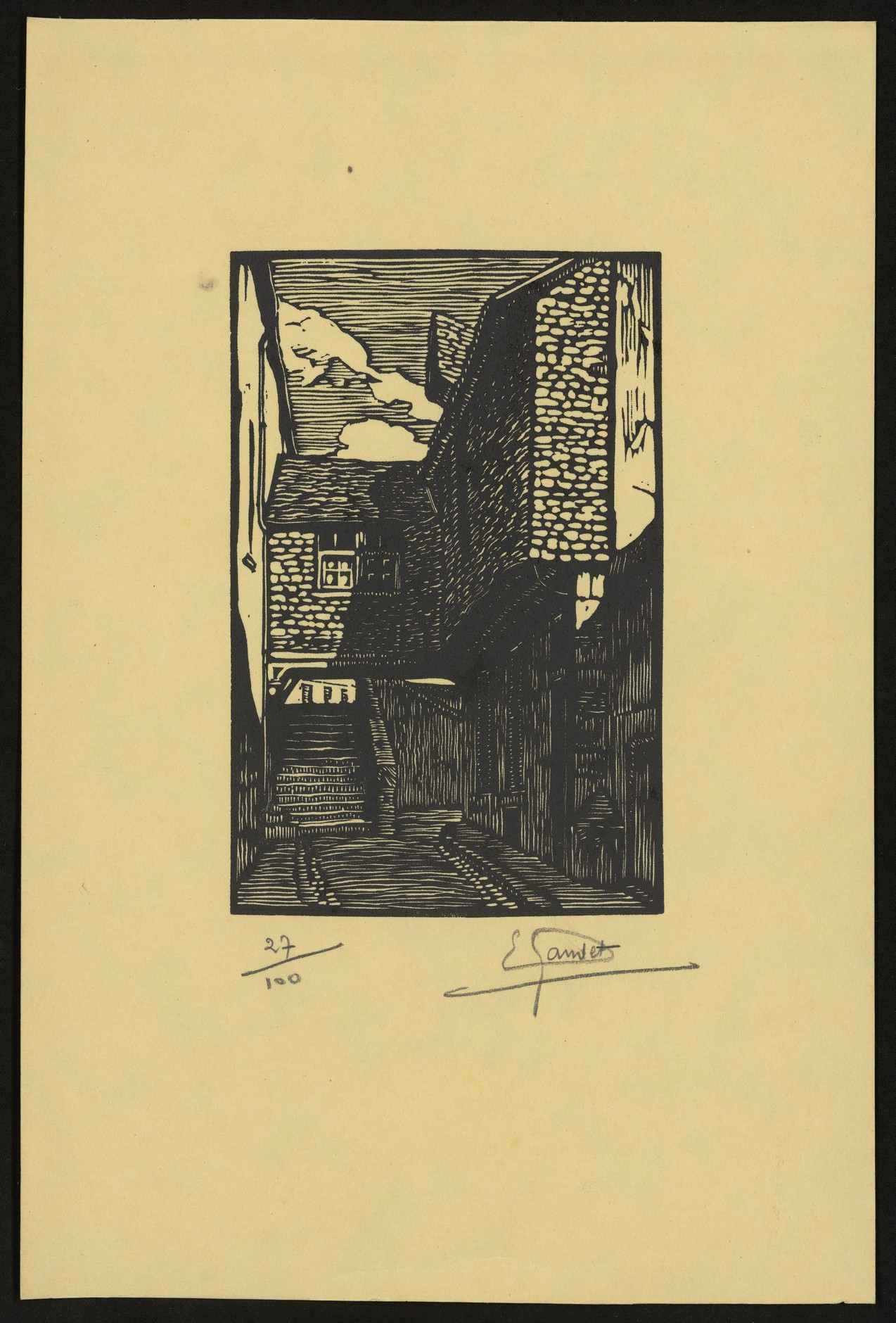 Etienne Gaudet, Blois, la maison dite de Denis Papin, rue Pierre de Blois, gravure sur bois vers 1930