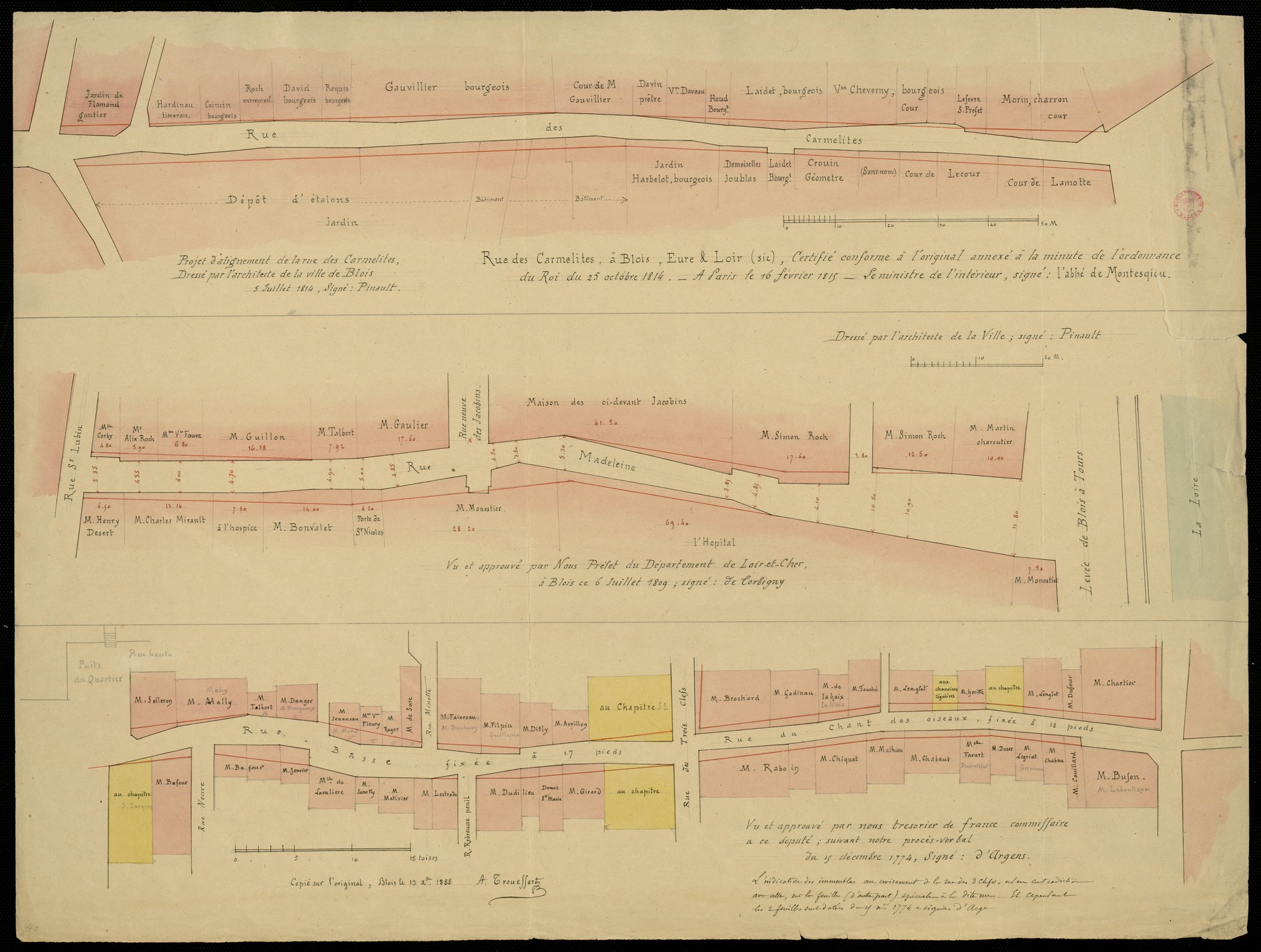 Alexandre Pinault, plan de la rue des Carmélites, 1804 et plan de la rue Madeleine, 1809, d'Argens, plan de la rue Basse, 1774, copies par Arthur Trouessart