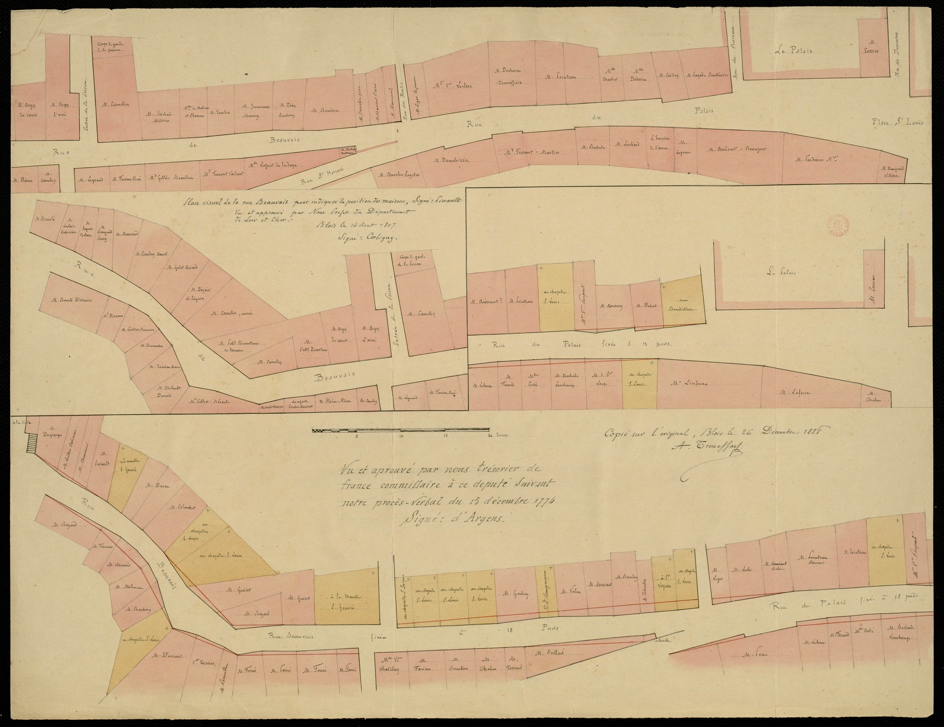 Alexandre Pinault, Blois, plan de la rue Beauvoir et de la rue du Palais, 1807, d'Argens, plan de la rue Beauvoir, 1774, copie par Arthur Trouessart, 1888