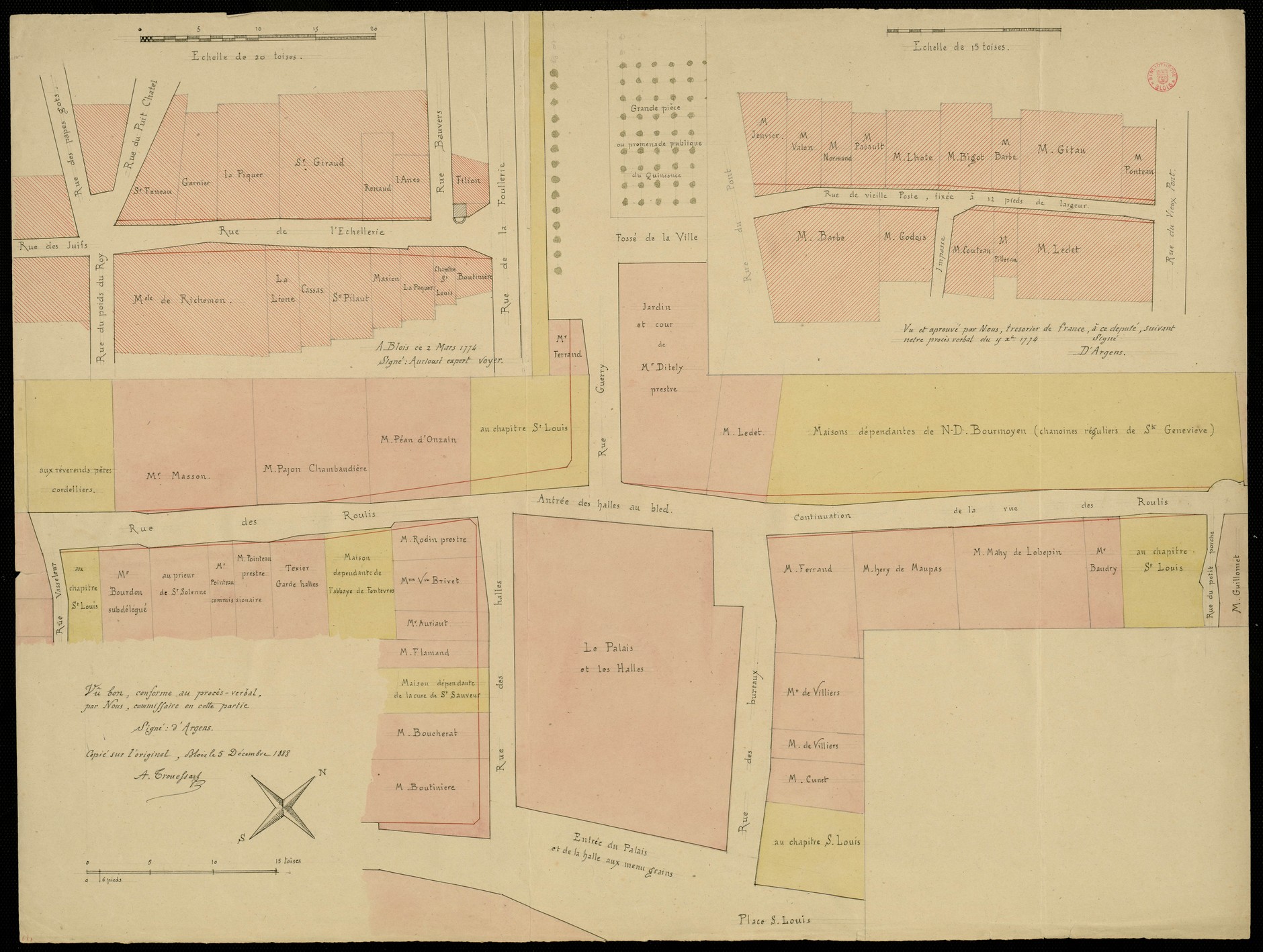 Aurioust, Blois, plan de la rue de l'Echallerie, 1774, d'Argens, plan des rues de la Vieille poste et du Rouillis, 1774, copie par Arthur Trouessart, 1888