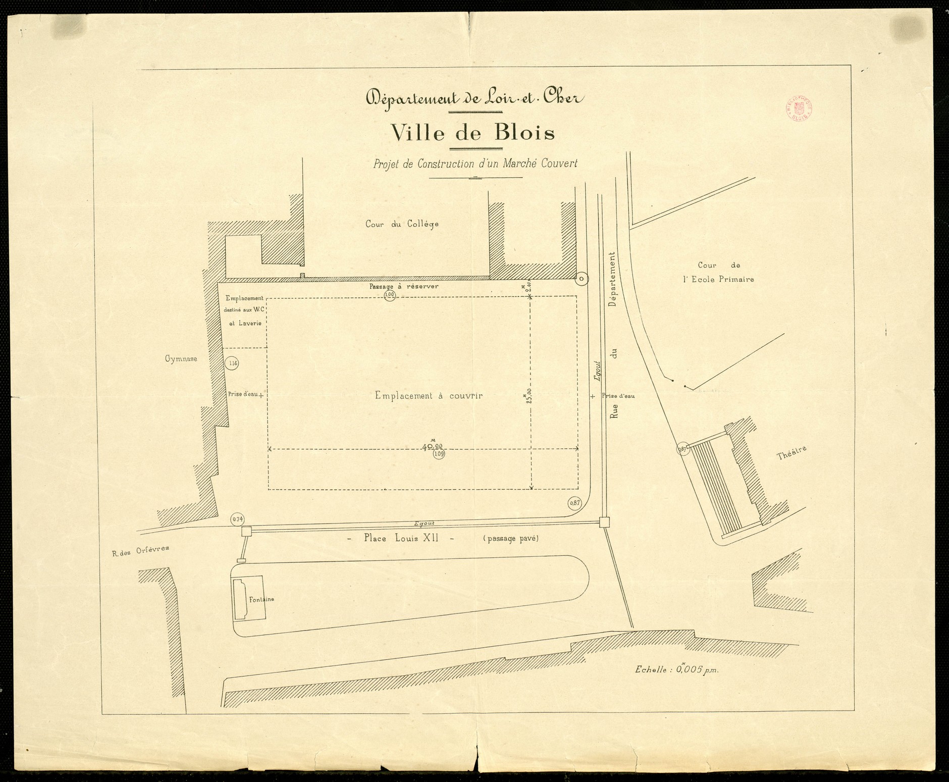 Blois, plan du marché couvert à construire sur la place Louis XII, 1892